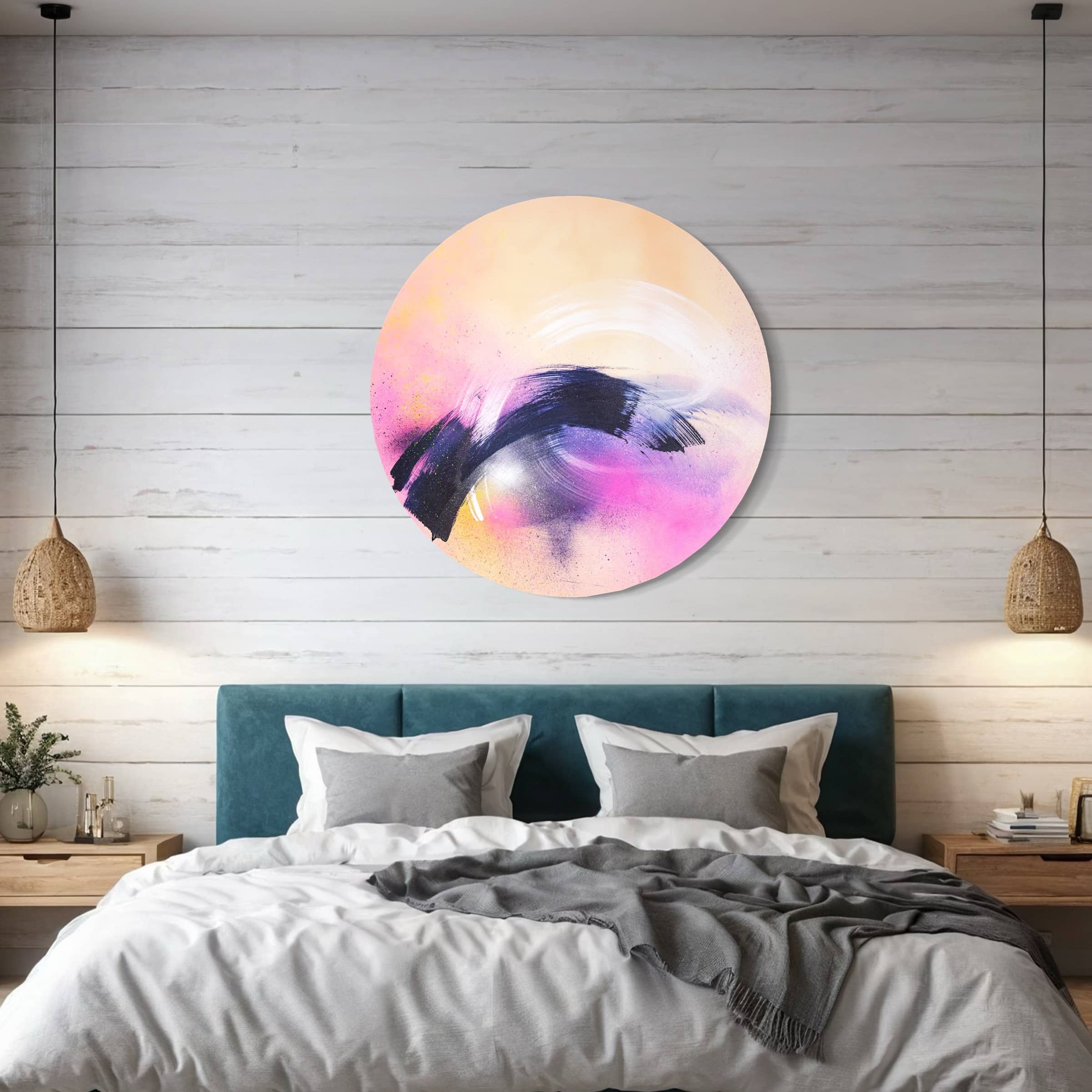 Modern bedroom with a teal headboard, white bedding, and Kate Mayer's "Breathe In The Air" painting on the wooden wall.