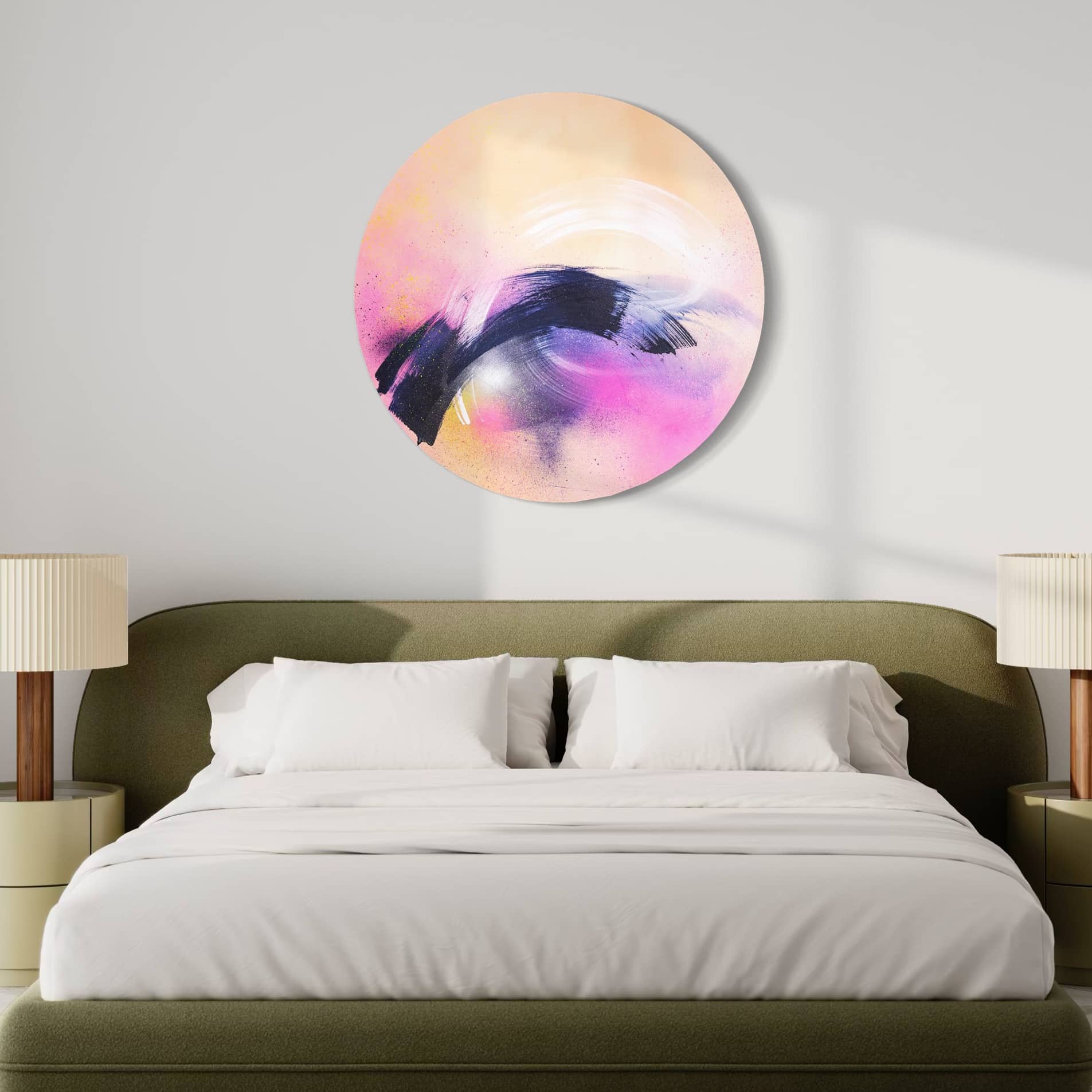 Breathe In The Air" by Kate Mayer, an original abstract with black, pink, and white swirls on acrylic above a modern bed.