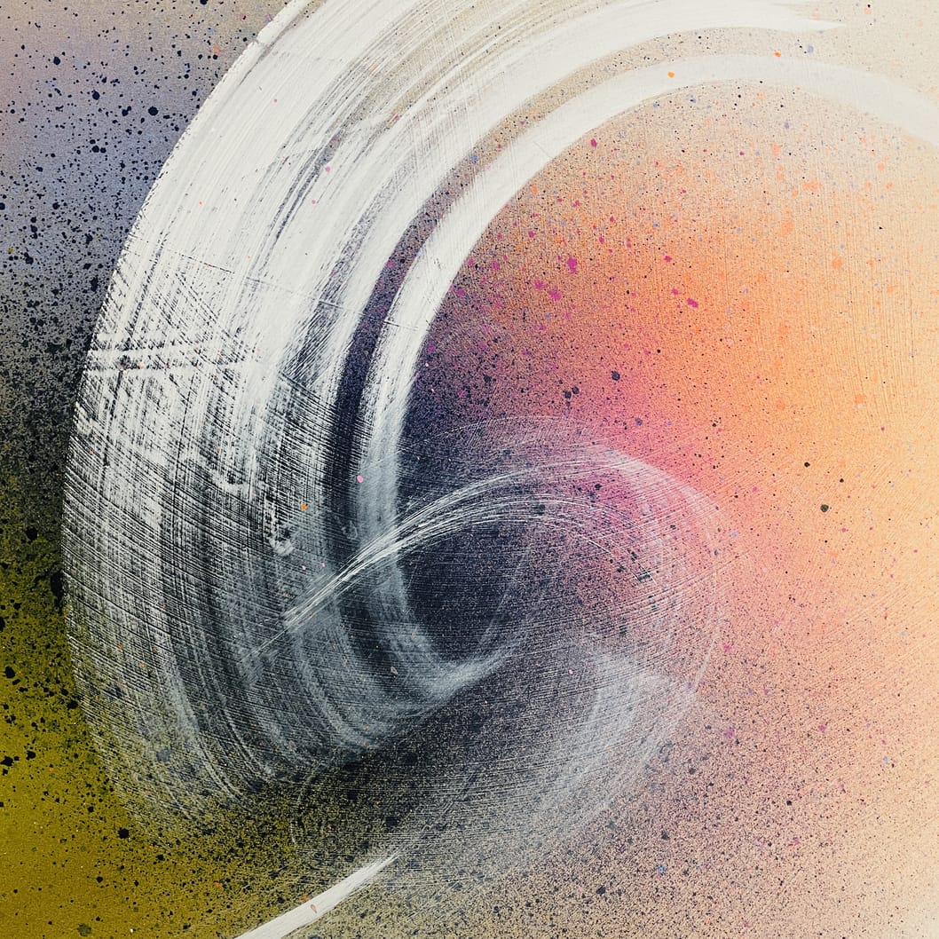 From Here To Infinity by Kate Mayer: Abstract on circular plywood, white swirls over an orange, purple, and black gradient.