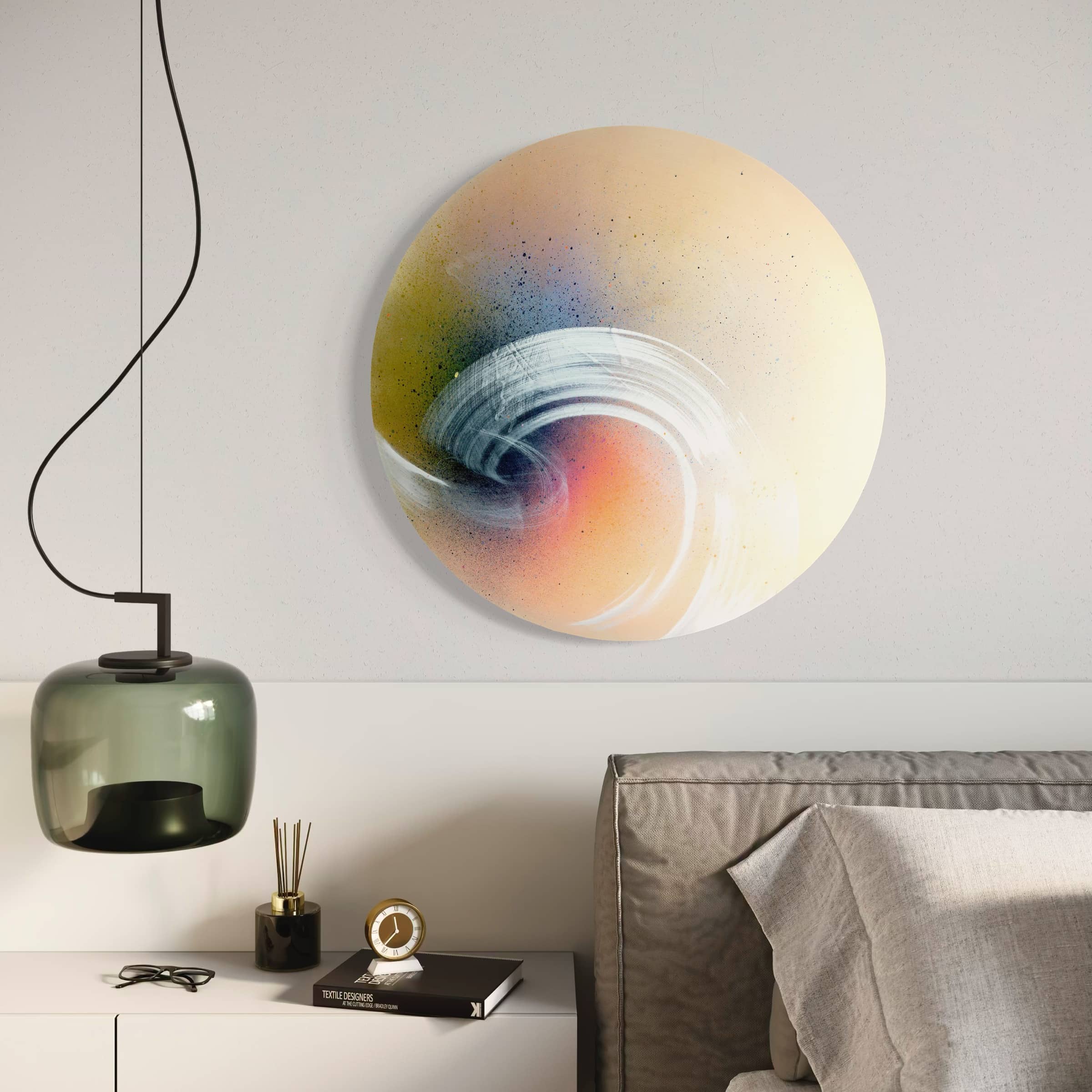 A modern bedroom with Kate Mayer's "From Here To Infinity," a green pendant lamp, and a neatly made bed.