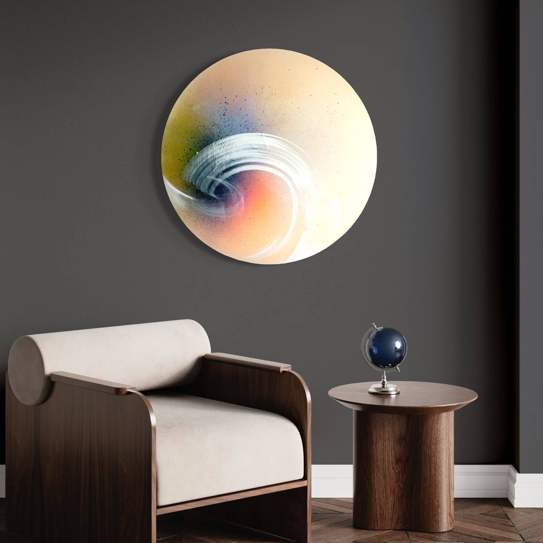 Kate Mayer's 'From Here To Infinity' painting above a modern armchair and table with globe, set against a dark background.