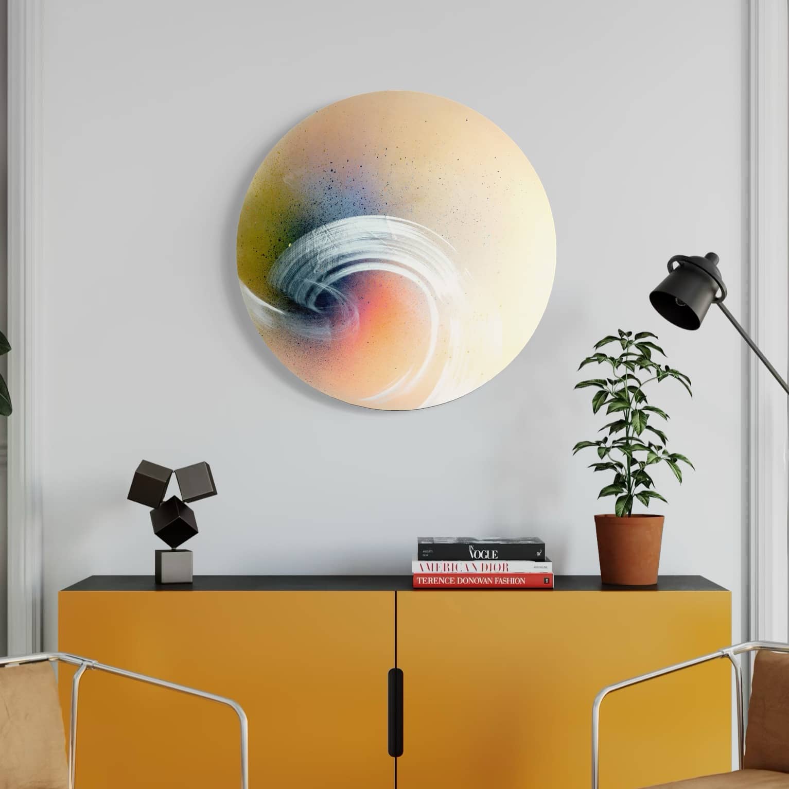 Kate Mayer's "From Here To Infinity" painting enhances the chic living room above a modern console.