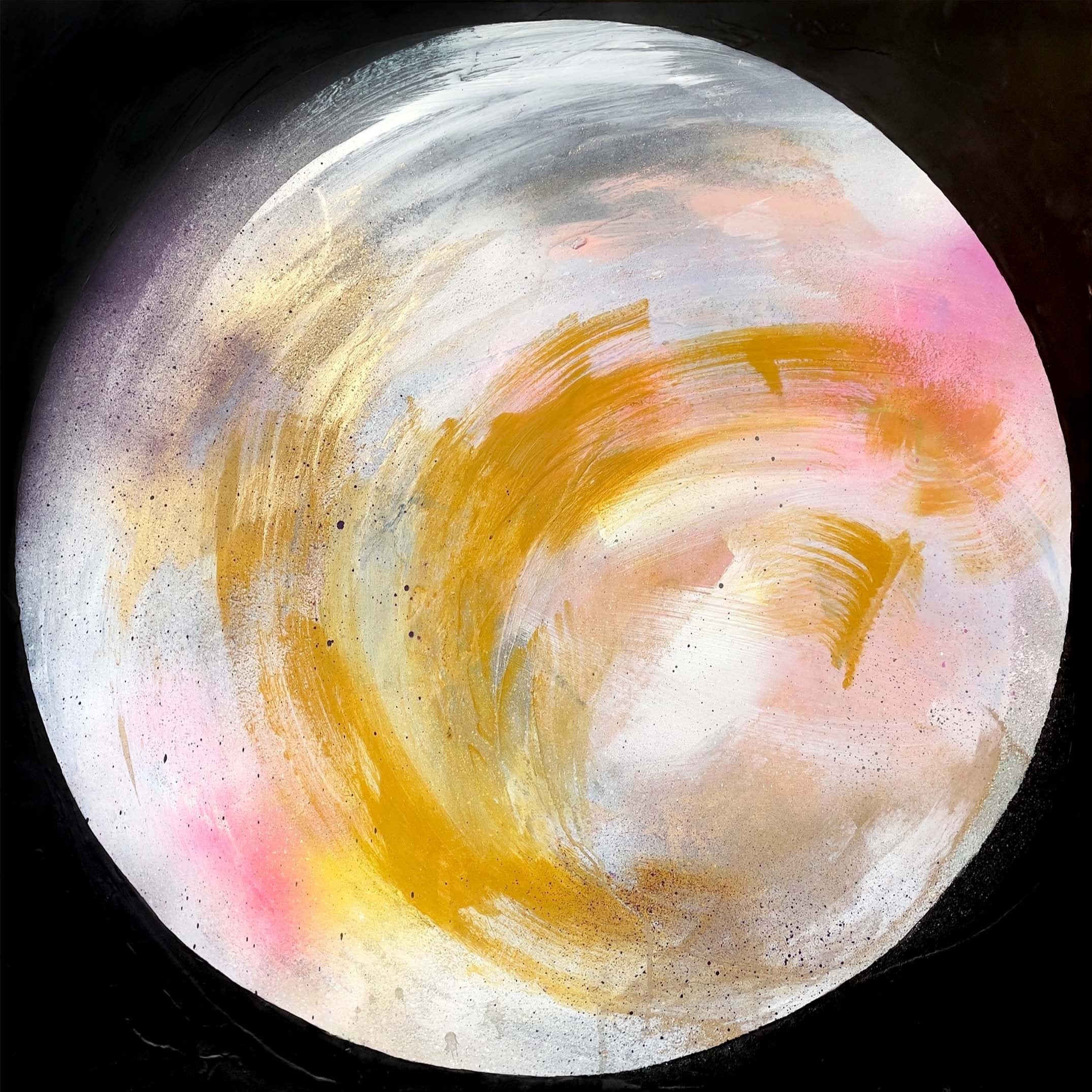 Original Abstract painting by Kate Mayer 100cm x 100cm Acrylic and spray paint on canvas Created in 2024 Signed by the artist with a certificate of authentication Framed in a high quality black wooden float frame Ready to hang