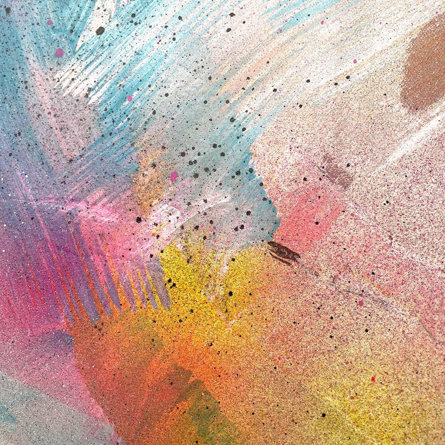 The "Speak Your Truth - Original Painting" by Kate Mayer features an abstract design with vibrant hues of blue, pink, yellow, and orange. The piece is characterized by dynamic splatters and rich brushstroke textures.