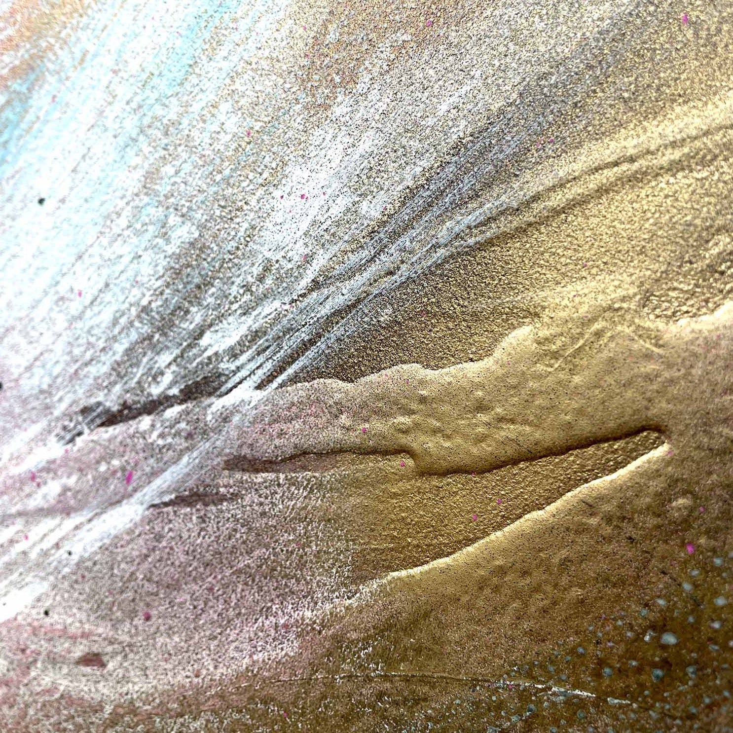 Speak Your Truth - Original Painting" by Kate Mayer showcases an abstract design with sweeping brushstrokes in metallic gold, white, pink, and blue hues that form a textured and dynamic composition.