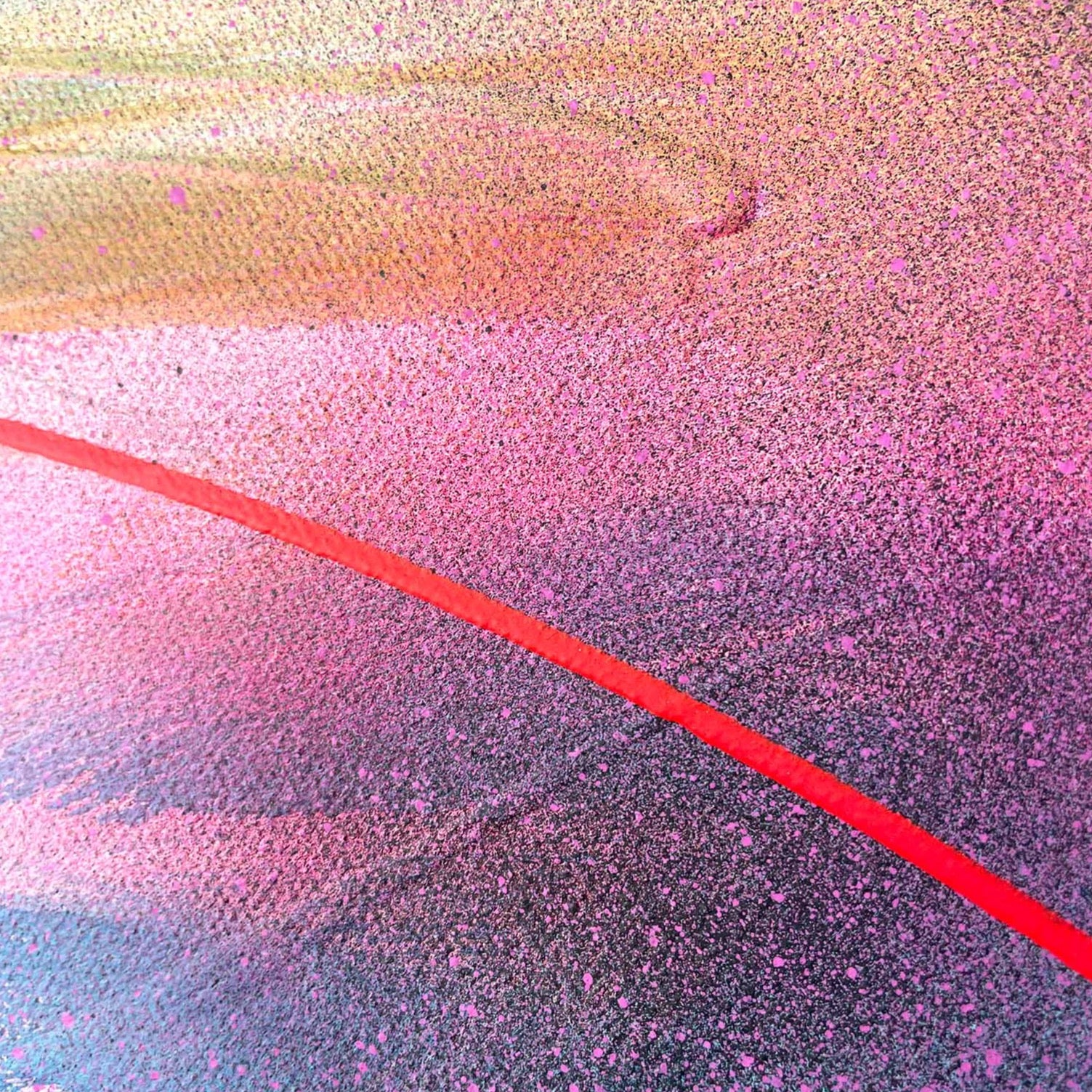 The Speak Your Truth - Original Painting by Kate Mayer showcases an abstract design with a textured backdrop of pink, orange, and gray hues, highlighted by a bold red curved line. This vibrant and expressive piece encourages you to speak your truth.