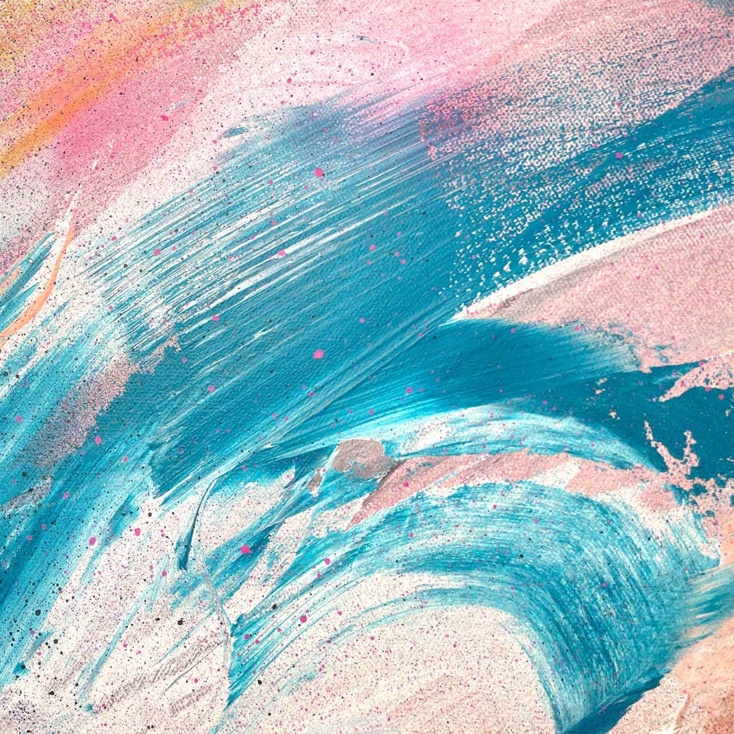 The "Speak Your Truth - Original Painting" by Kate Mayer features vibrant swirls of blue, pink, and white hues, creating a dynamic and colorful texture.
