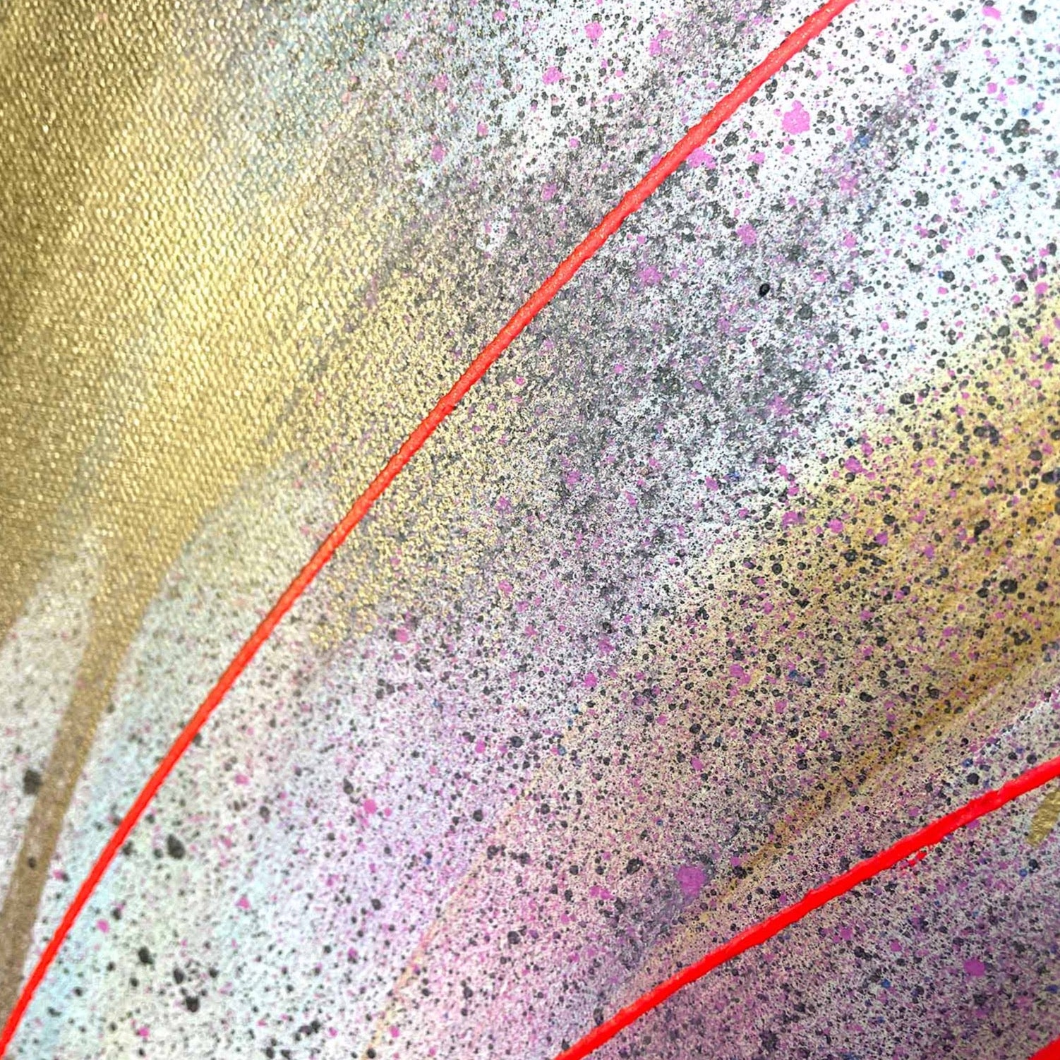 A close-up of the original painting "Speak Your Truth" by Kate Mayer showcases red lines cutting through a textured mix of gold, silver, grey, and speckled pink hues.