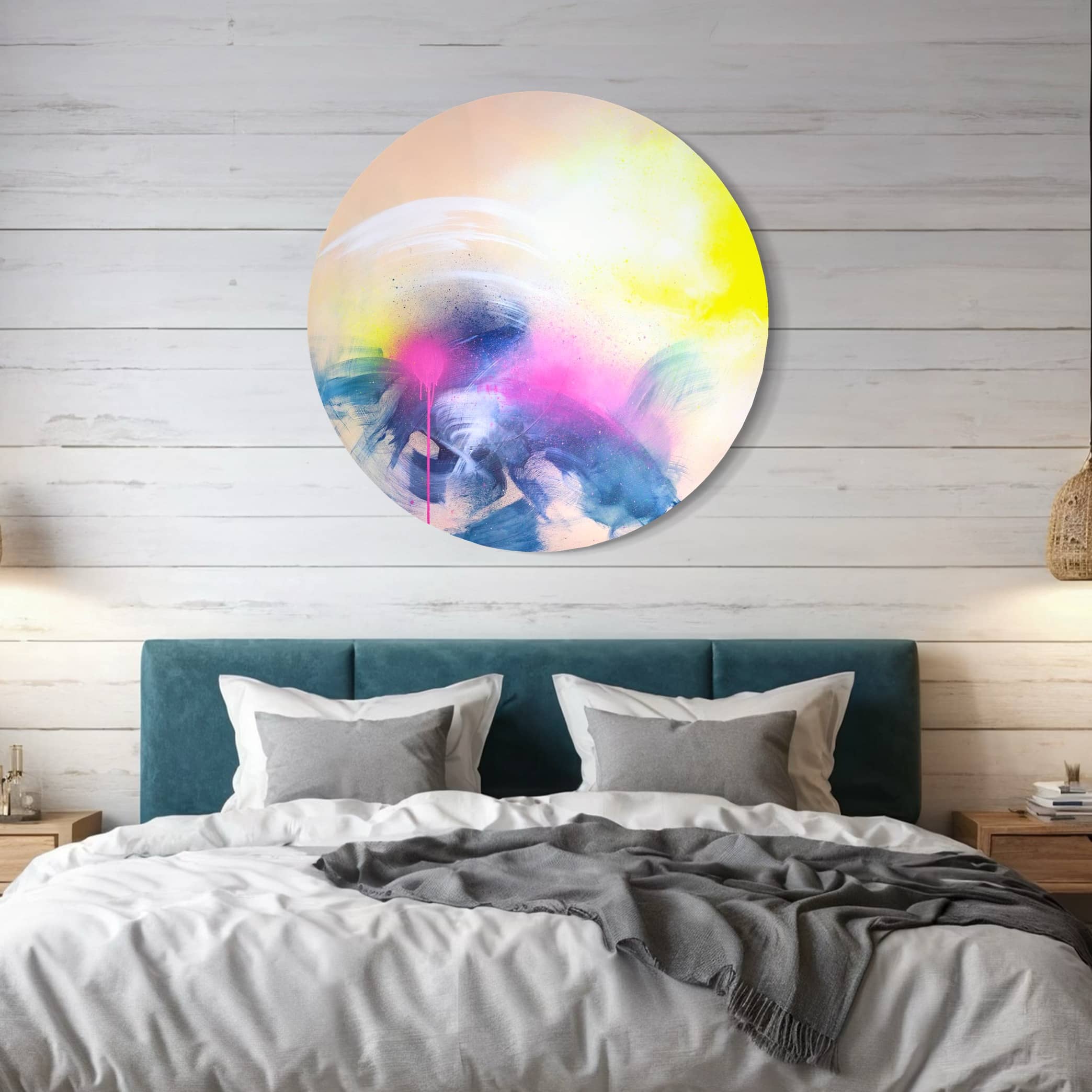 The "Rolling In The Deep" painting by Kate Mayer in a handmade frame adorns a bright, modern bedroom.