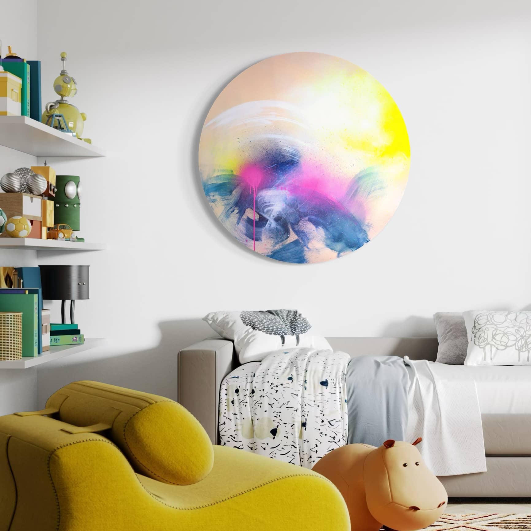 A modern living room showcases "Rolling In The Deep" by Kate Mayer with a yellow chair, gray sofa, and toys on shelves.