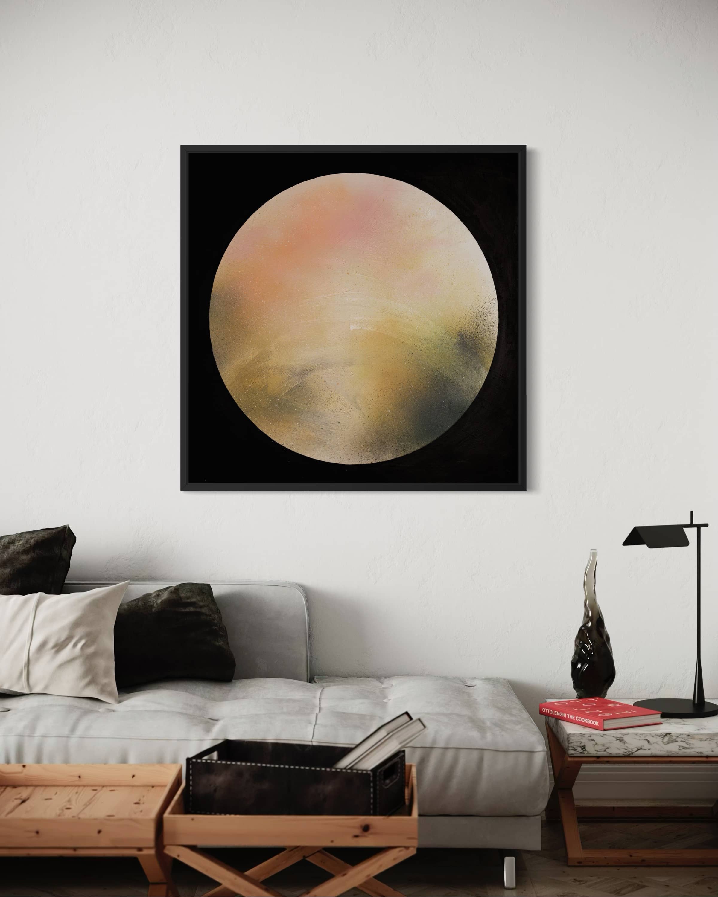 A modern living room with a gray couch and "Keep Time On Me" by Kate Mayer, acrylic on canvas, above it.