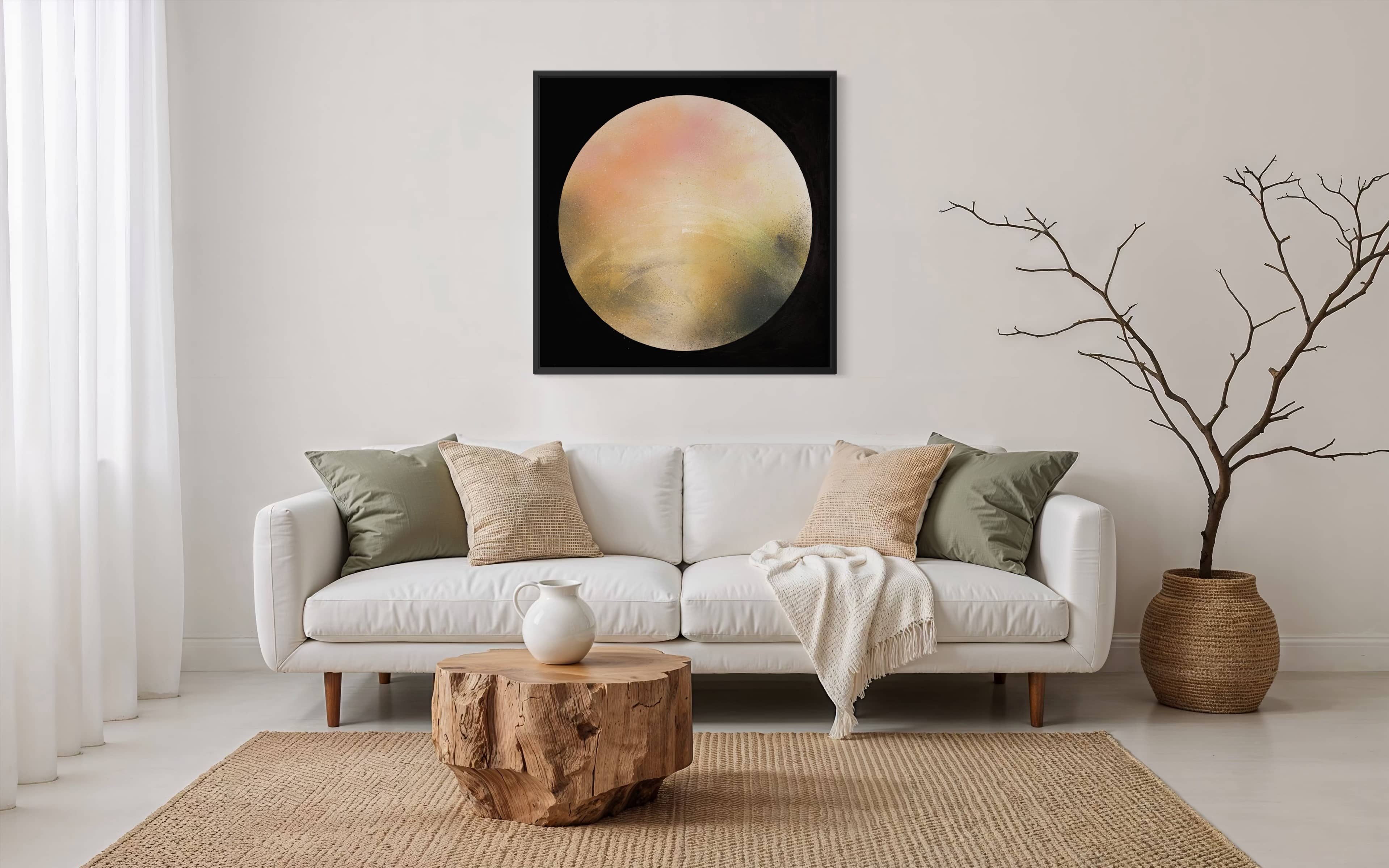 Modern living room with a white sofa, wooden coffee table, and Kate Mayer's "Keep Time On Me" painting on the wall.