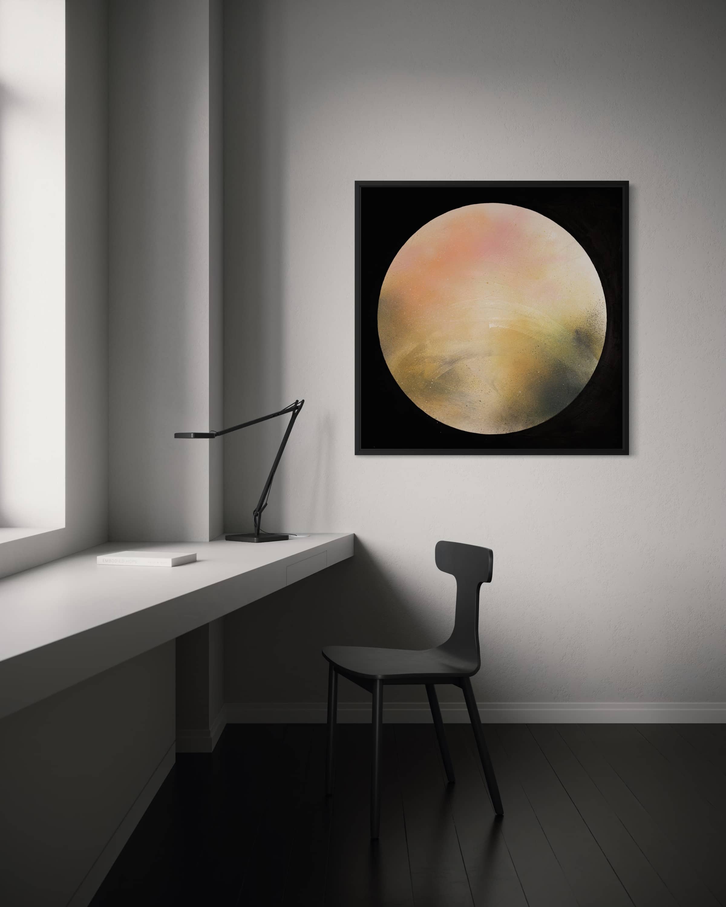 Minimalist workspace with a white desk, black chair, desk lamp, and "Keep Time On Me" by Kate Mayer on the wall.