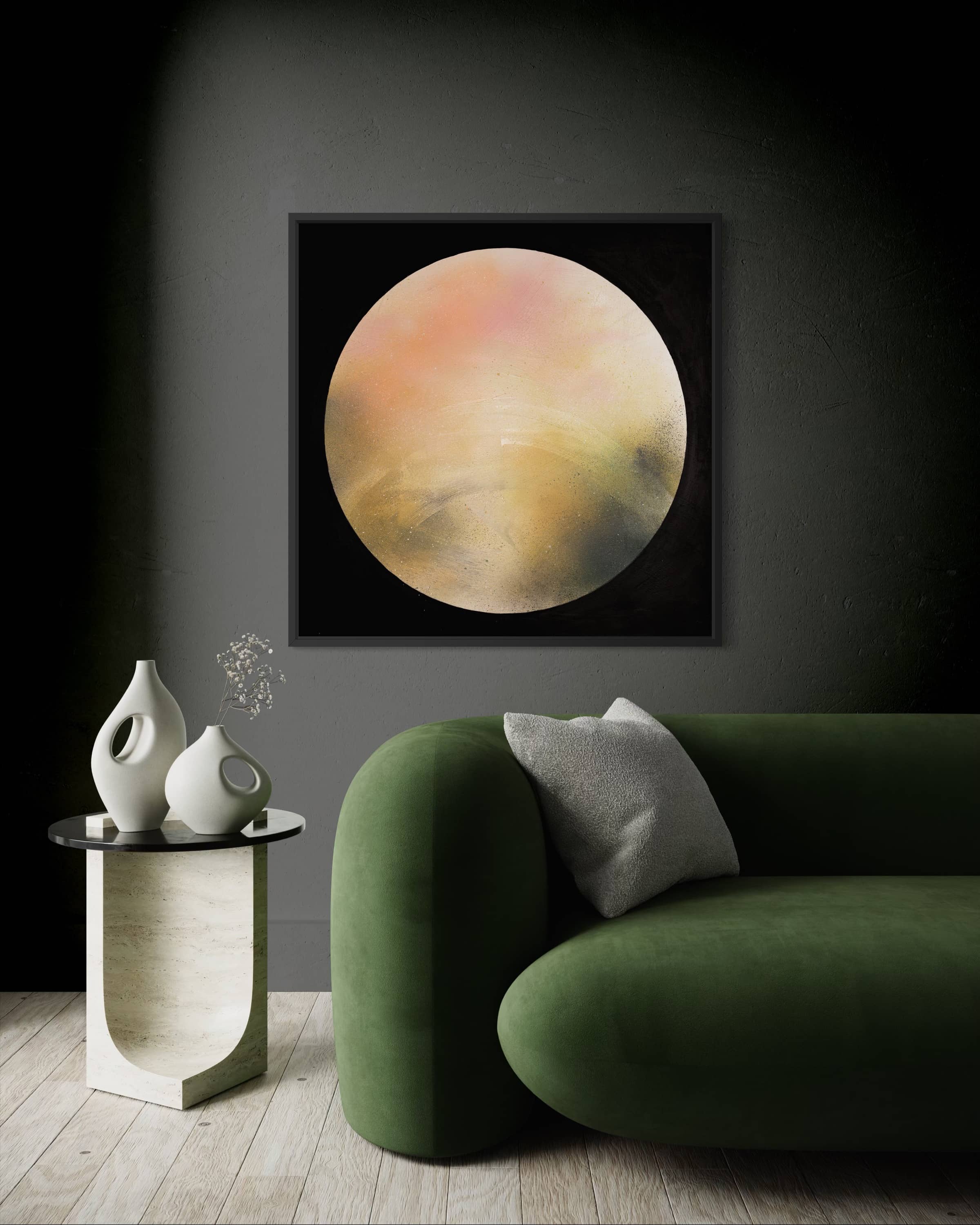 A minimalist living room with a green sofa, white side table, and "Keep Time On Me" by Kate Mayer on a dark wall.