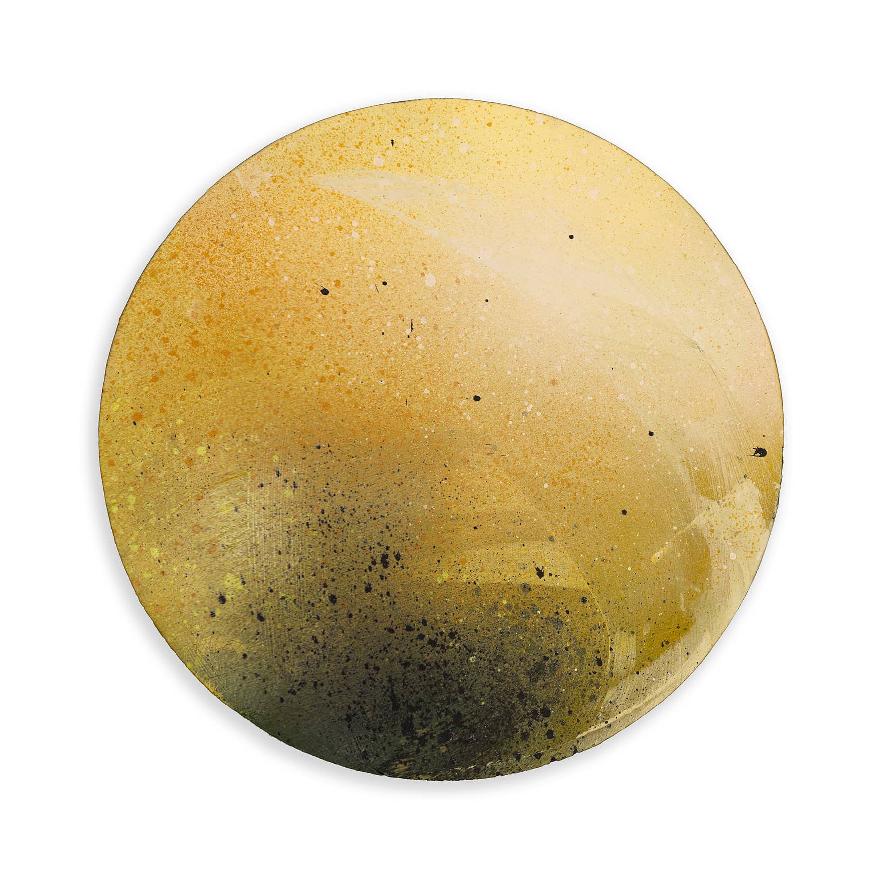 Meadowlarks" by Kate Mayer is a circular plywood art piece featuring yellow, gold, and black speckled gradients.