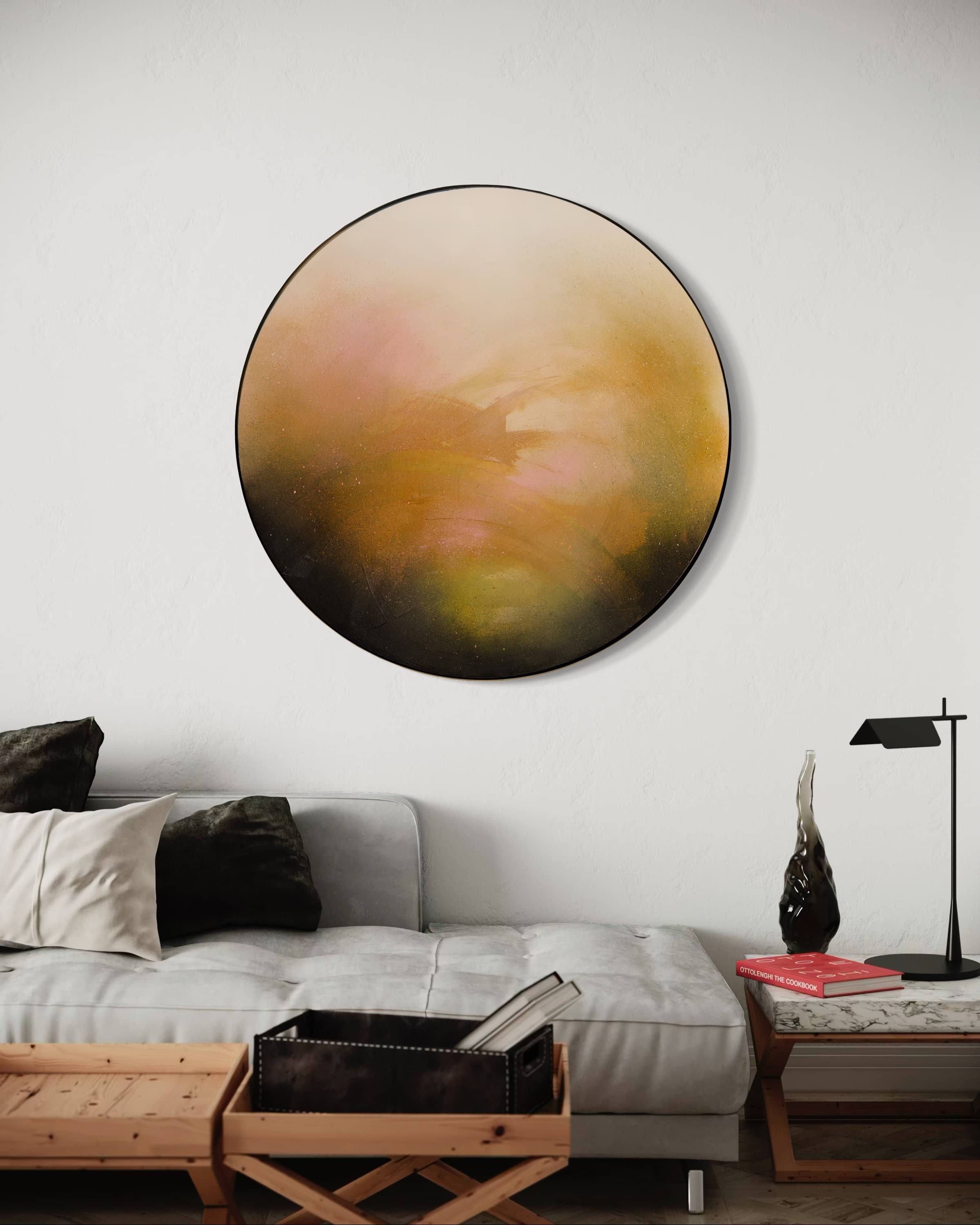 The painting "Only Now I See The Light" by Kate Mayer hangs above a modern gray sofa in a minimalist living room.