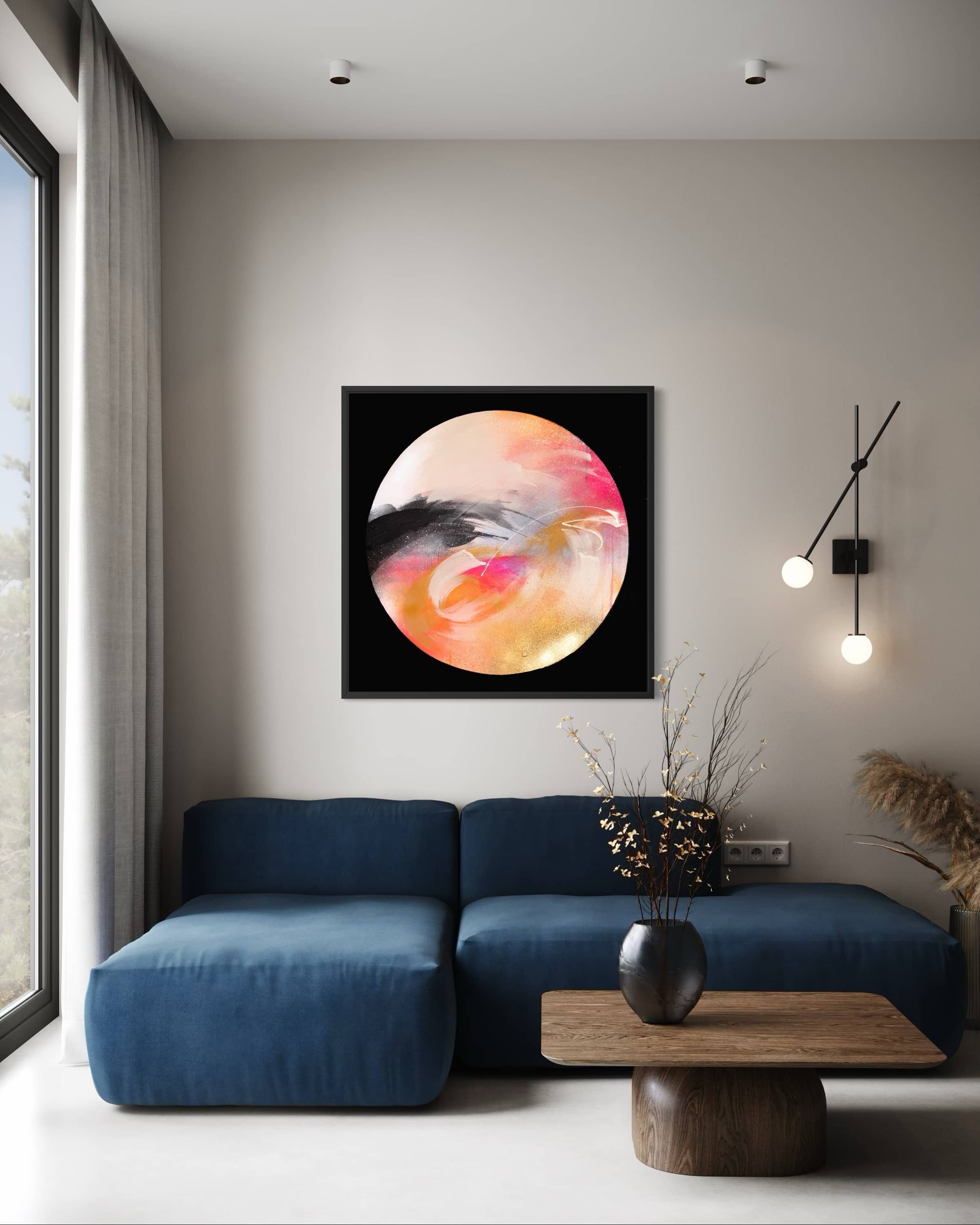 Modern living room featuring the Passion blue sofa by Kate Mayer and abstract wall art.