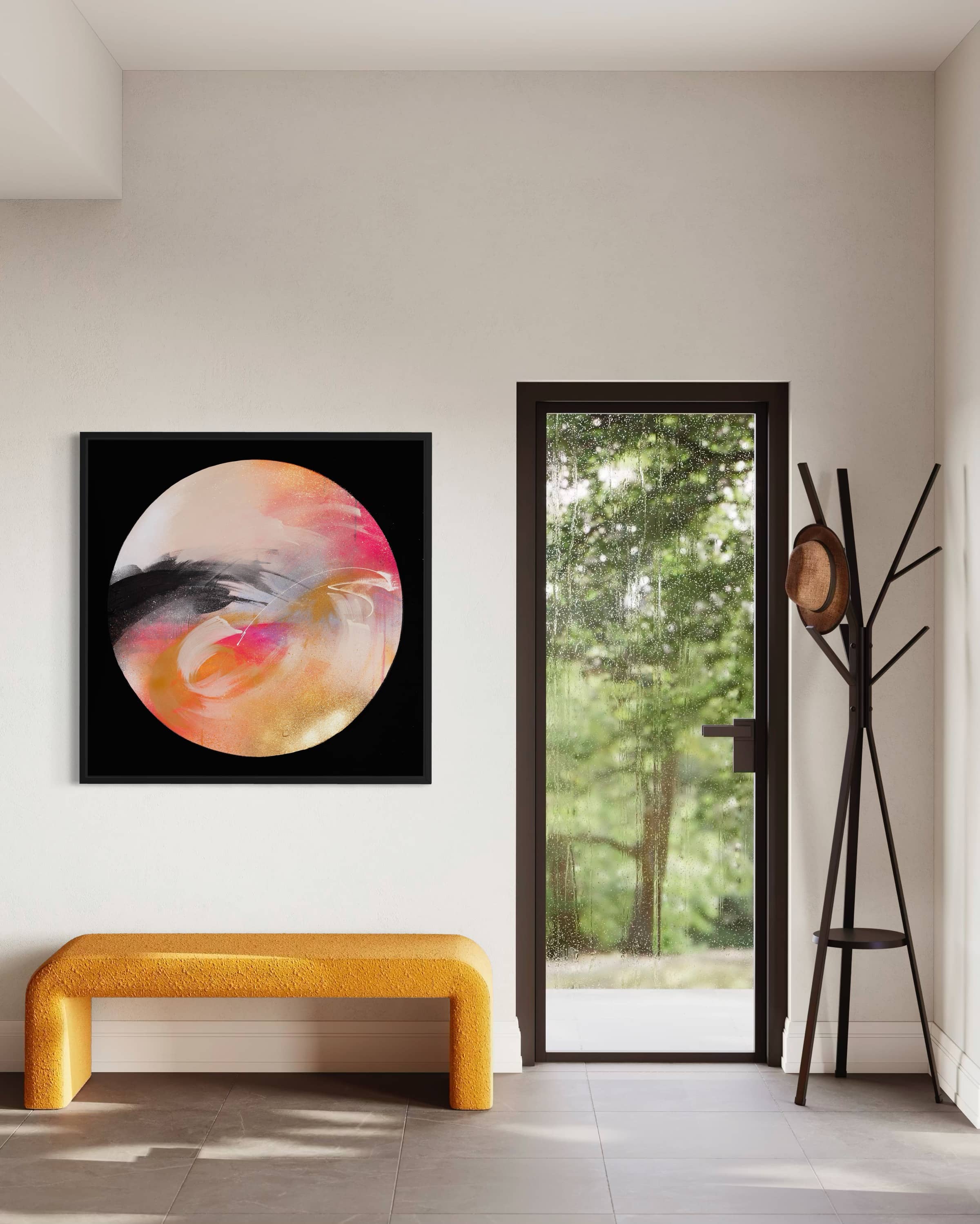 Modern entryway featuring Passion by Kate Mayer, a yellow bench, coat rack with hats, and glass door to greenery.
