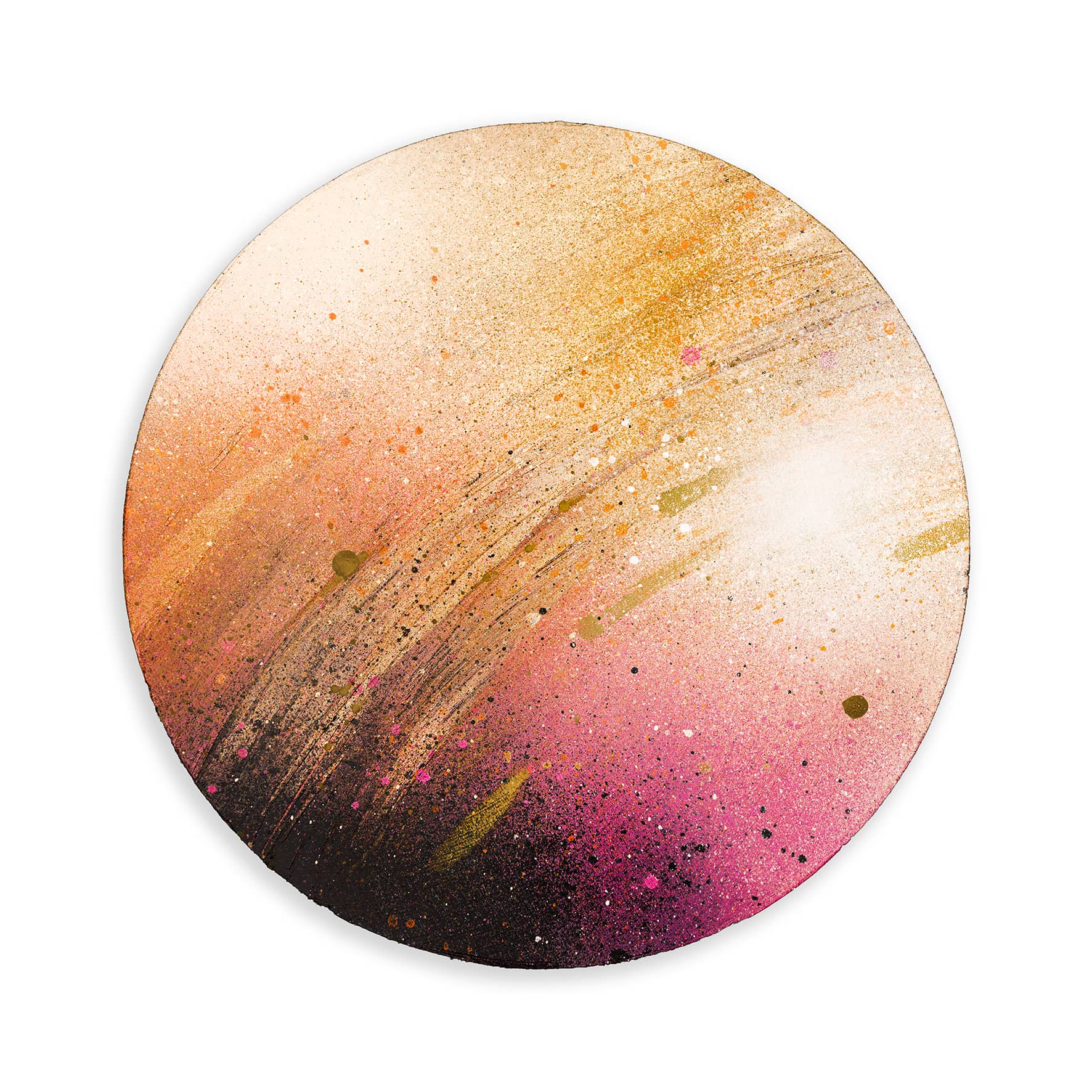 Potamoi by Kate Mayer: Abstract painting with pink, gold, black, and white splatters on a circular plywood panel.