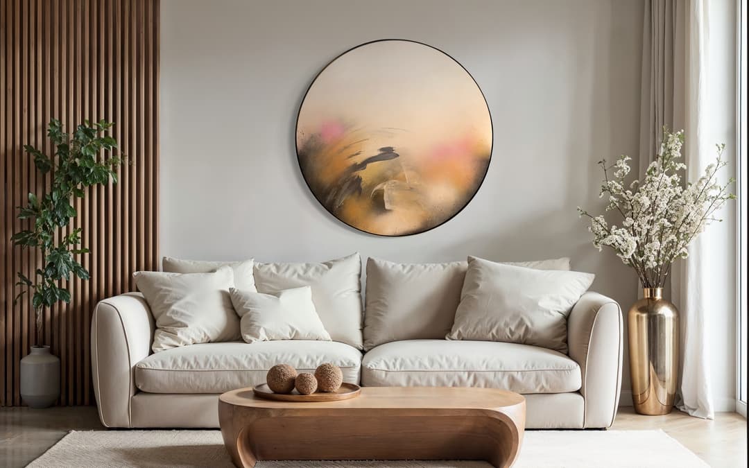 Kate Mayer's Bloodflow wall art accents a modern living room with a beige sofa, wood table, and decorative plants.