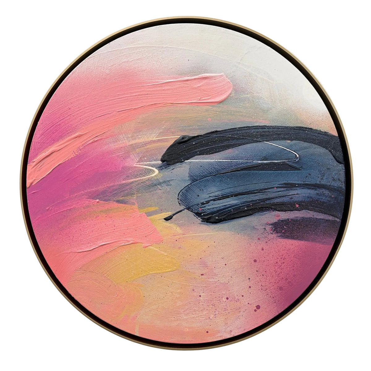 Looking For You“ by Kate Mayer: round acrylic on plywood, abstract with pink, black, yellow & white blended brushstrokes.