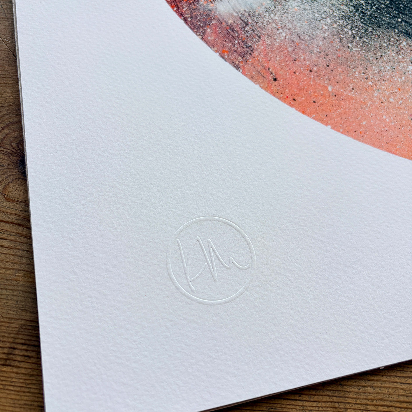 Close-up of textured art paper with embossed signature on Kate Mayer’s Set the World on Fire limited edition print.