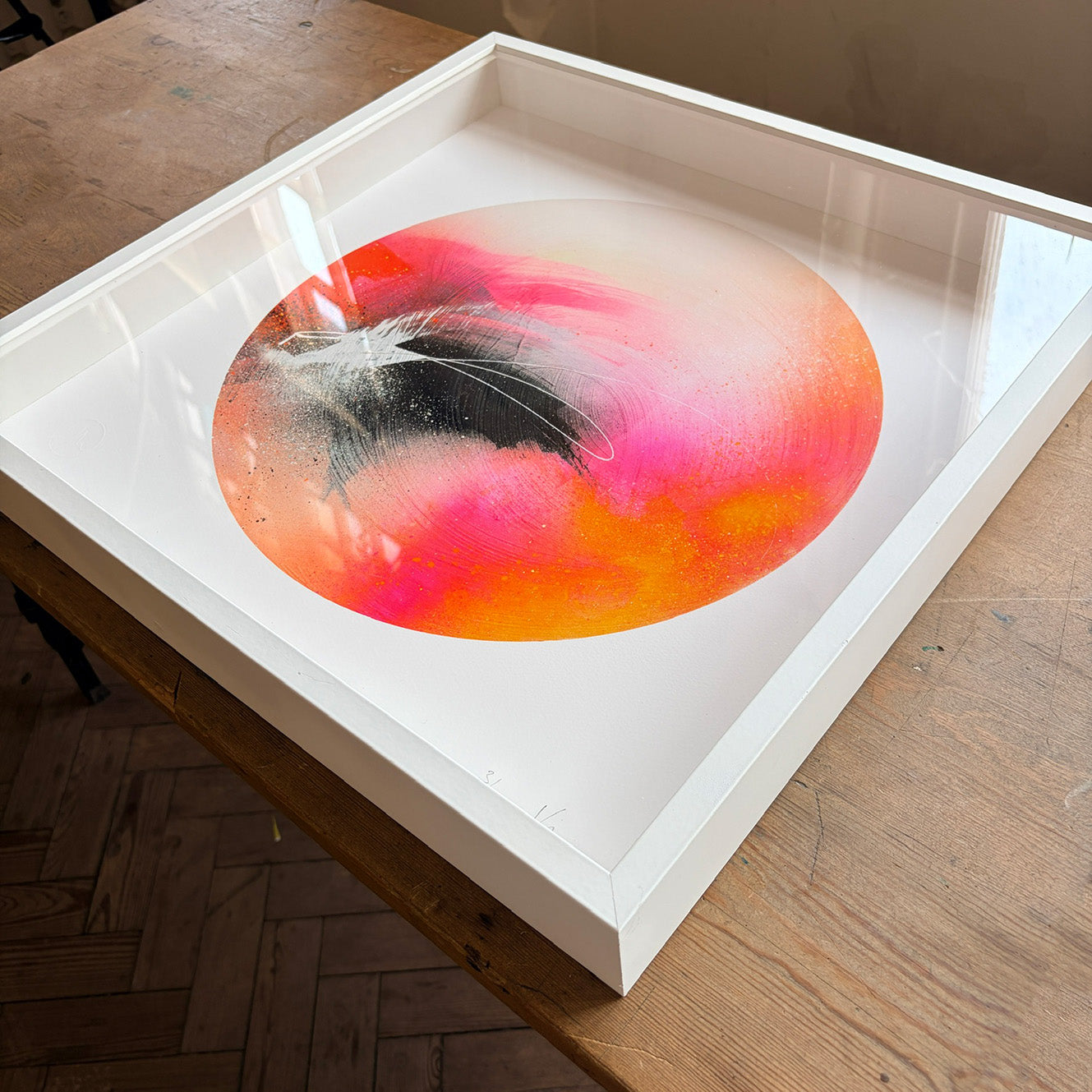 Kate Mayer’s "Set the World on Fire" limited edition print features vibrant pink, orange, and black swirls on white.