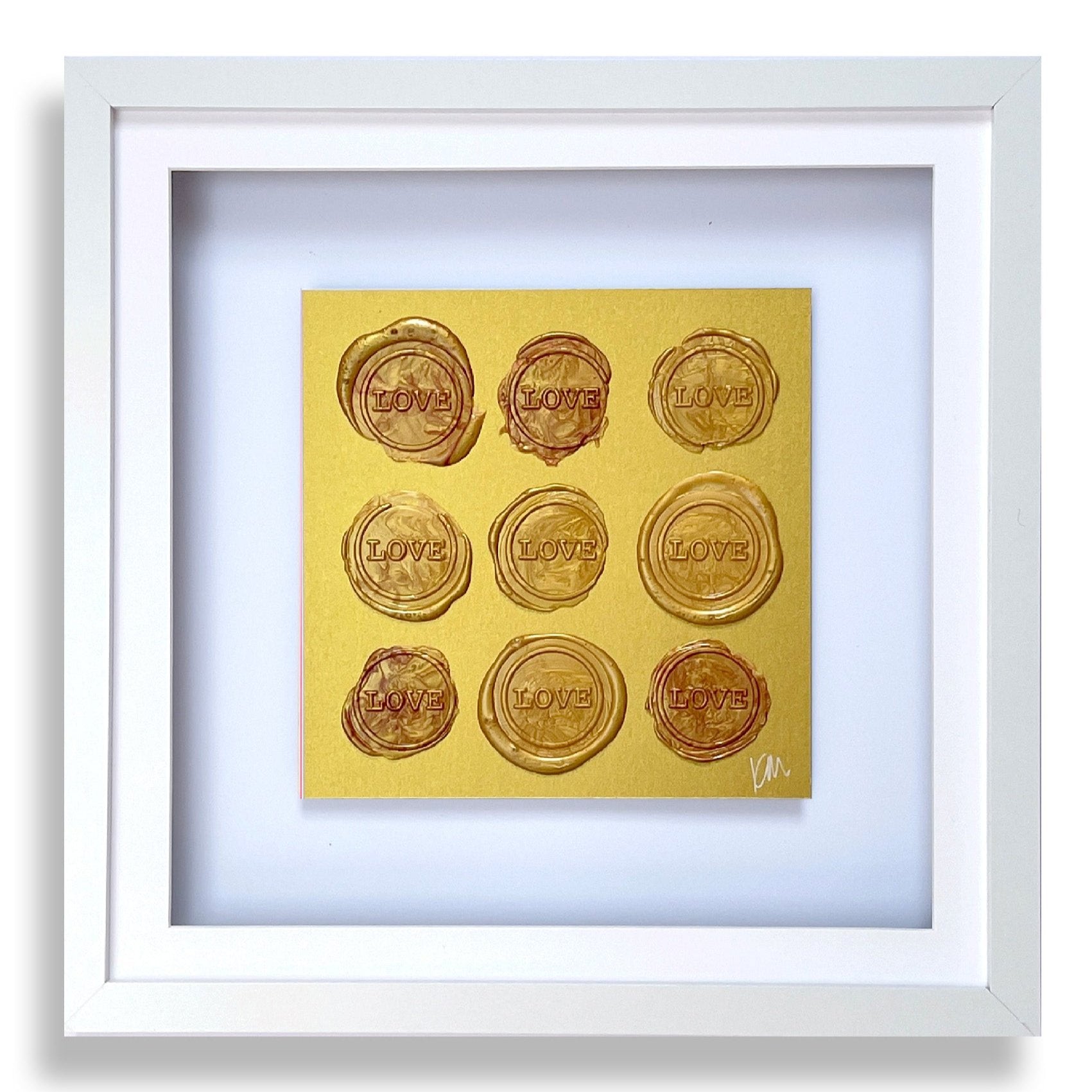 The Sealed Intention - Love is Love by Kate Mayer is a framed original artwork that features nine bespoke wax seals, each stamped with the word "LOVE," carefully arranged in a 3x3 grid and signed by the artist.