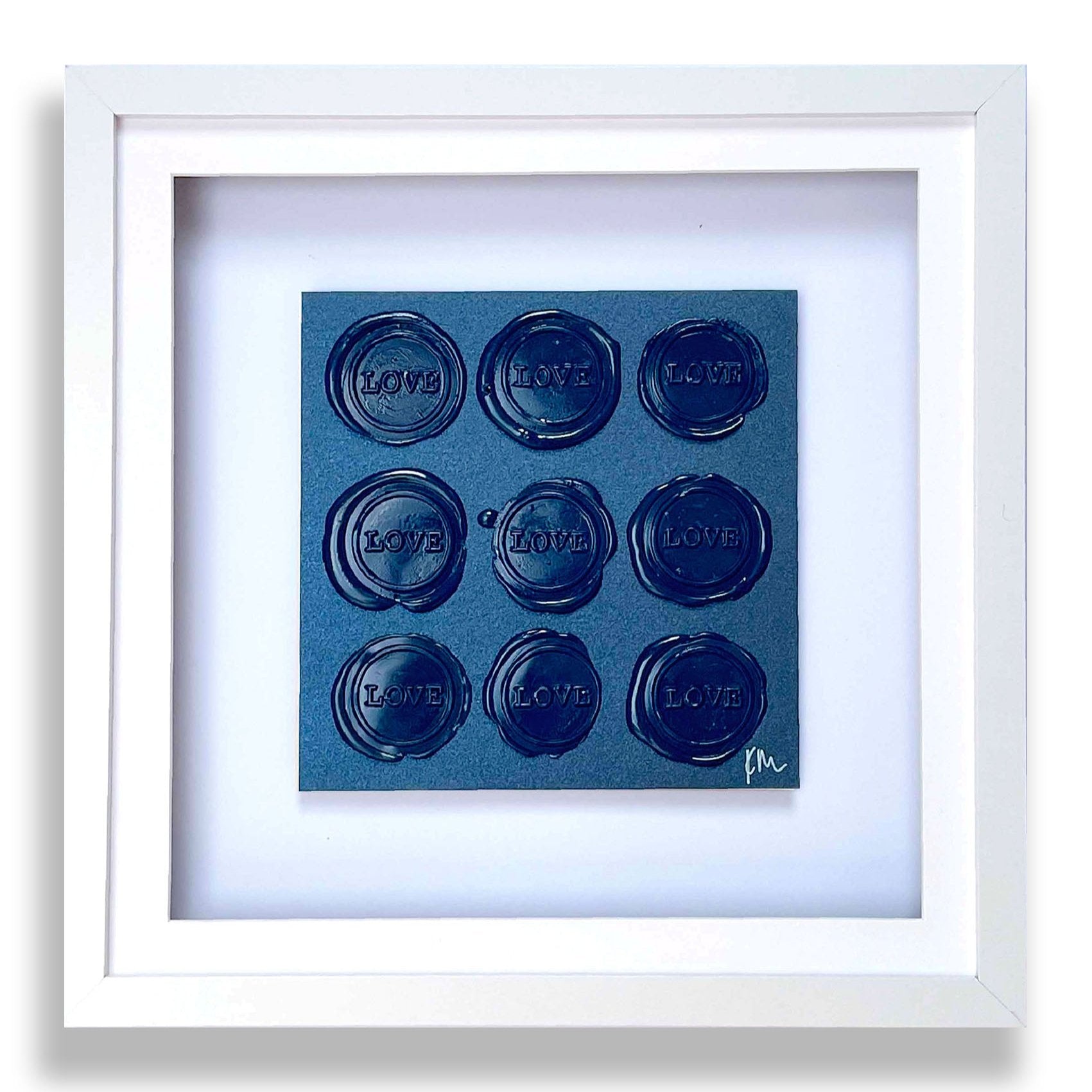 Sealed Intention - Love is Love by Kate Mayer showcases nine embossed circles with the word 'LOVE' on dark paper, presented as framed original art and signed by the artist.