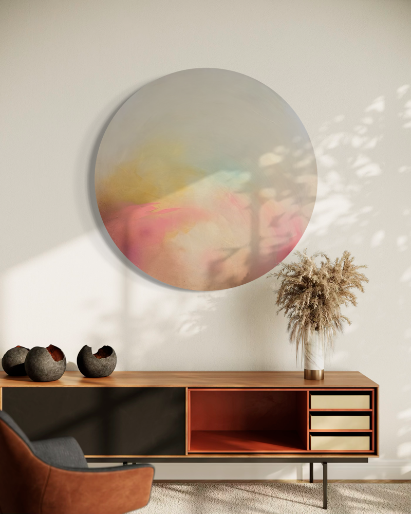 The Afterglow of Connection“ by Kate Mayer, pastel acrylic on plywood in a metal float frame above a wooden sideboard.