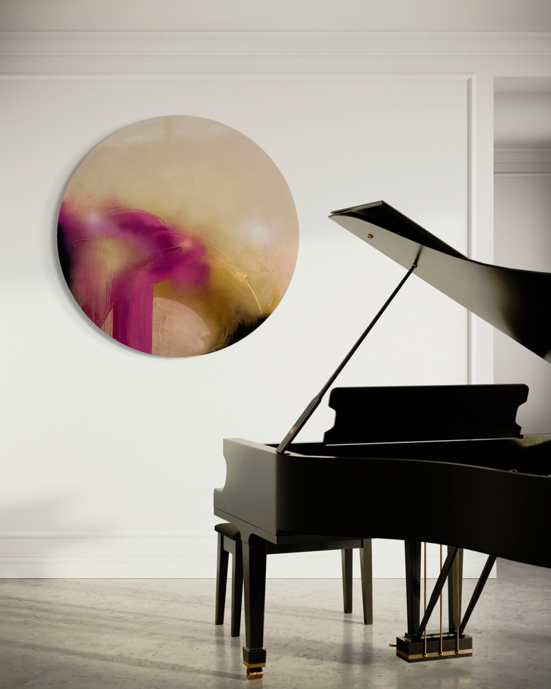 A black grand piano stands before “Afterglow” by Kate Mayer, an abstract piece on the modern room’s white wall.