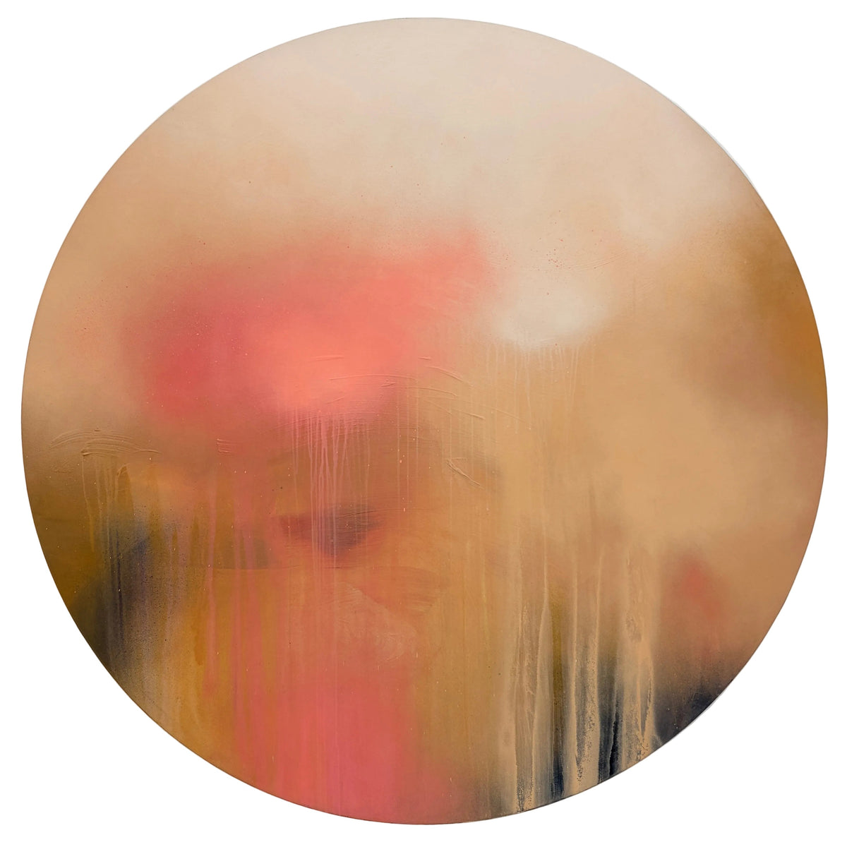 The Afterglow of Awe, large circular abstract painting in warm tones by London based artist Kate Mayer