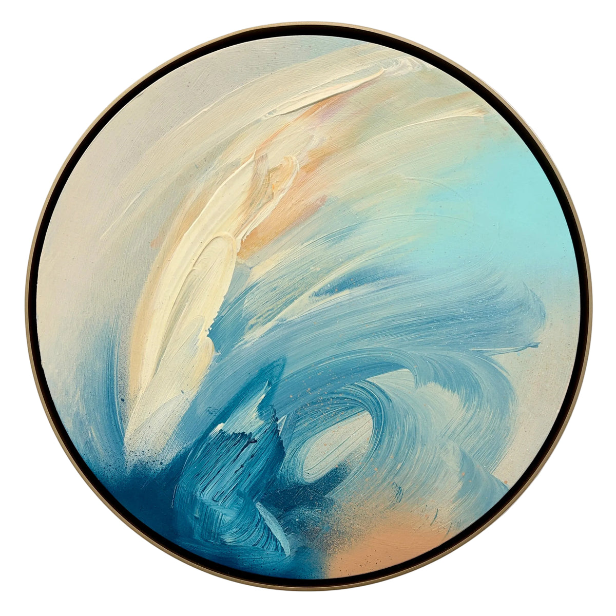 The Best Is Yet To Come“ by Kate Mayer: Acrylic swirl painting in blue, beige & peach, framed in handmade metal.