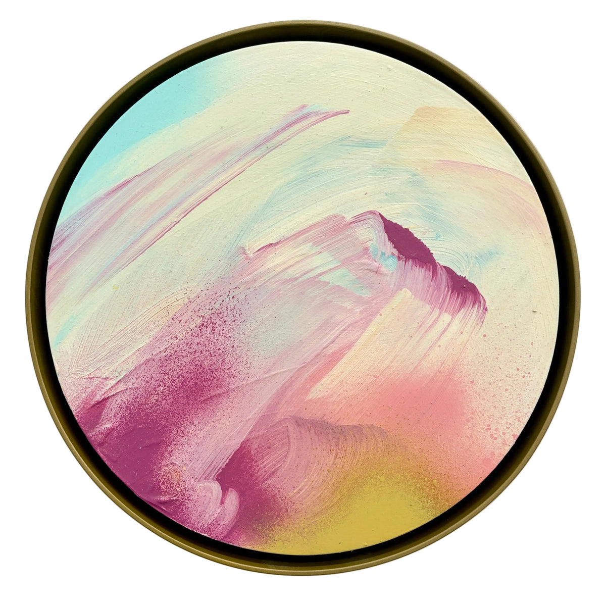 The Power Of One by Kate Mayer: round acrylic abstract on plywood, pastel brushstrokes, in handmade metal float frame.