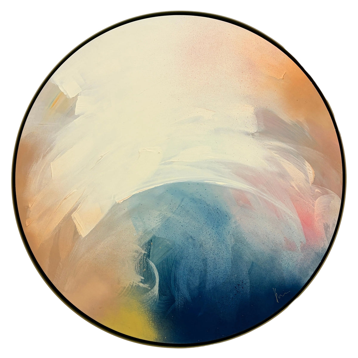 Total Praise“ by Kate Mayer: round acrylic painting on plywood, swirling hues, in a handmade metal float frame.