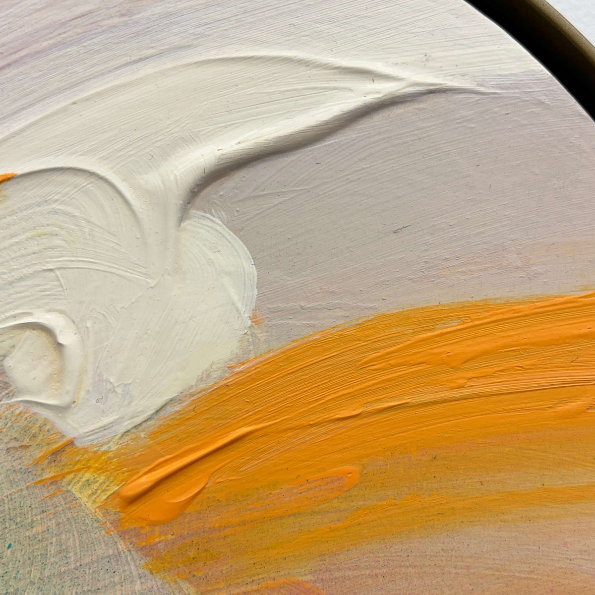 Brighter Day by Kate Mayer features bold white and orange acrylic curves on plywood for a dynamic, abstract look.