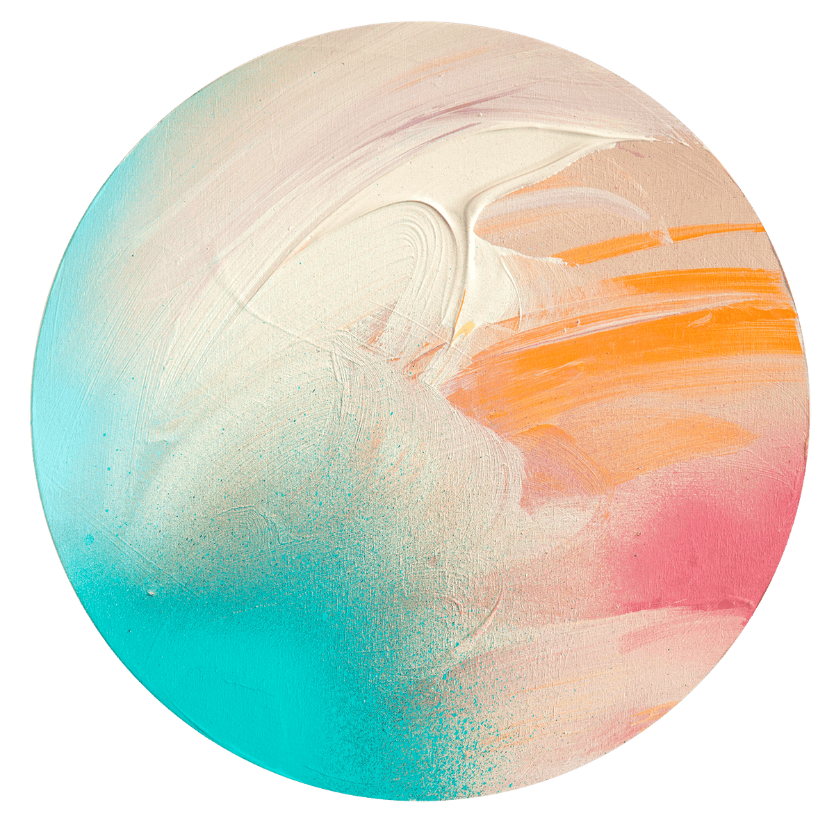 Brighter Day“ by Kate Mayer: Round acrylic on plywood, swirls of cream, orange, pink & turquoise on white.