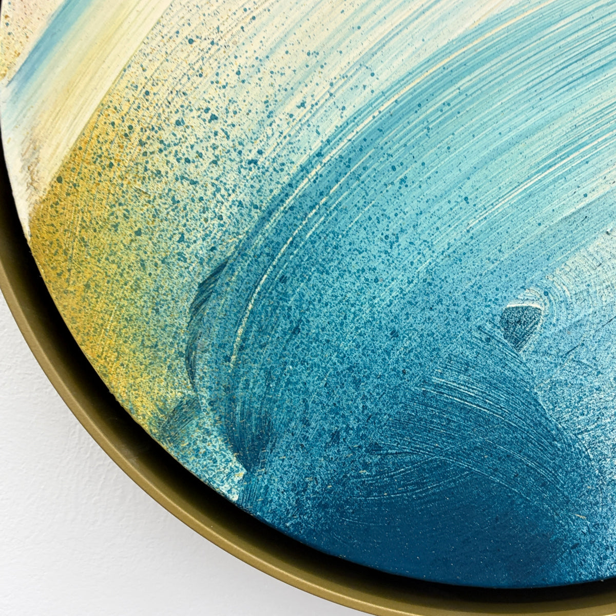 Don’t You Every Give Up“ by Kate Mayer: blue & yellow abstract on plywood in a handmade float frame with gold edging.