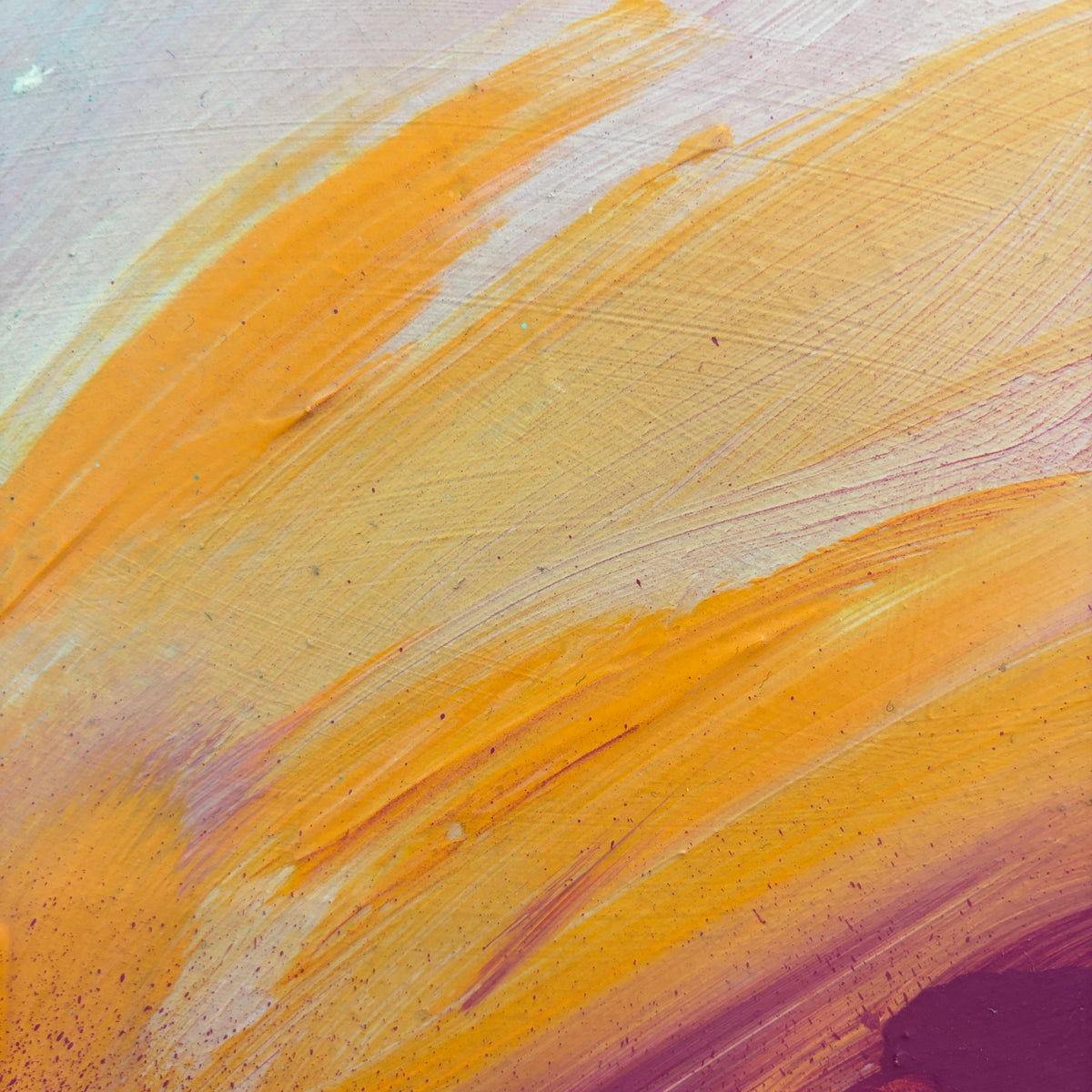 Good Times by Kate Mayer: Abstract acrylic on plywood, yellow-orange brushstrokes, in a metal float frame on pink-purple.