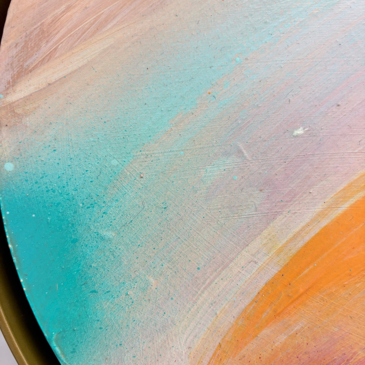 Close-up of “Good Times” by Kate Mayer: pastel teal, orange, and pink acrylic brushstrokes on plywood.