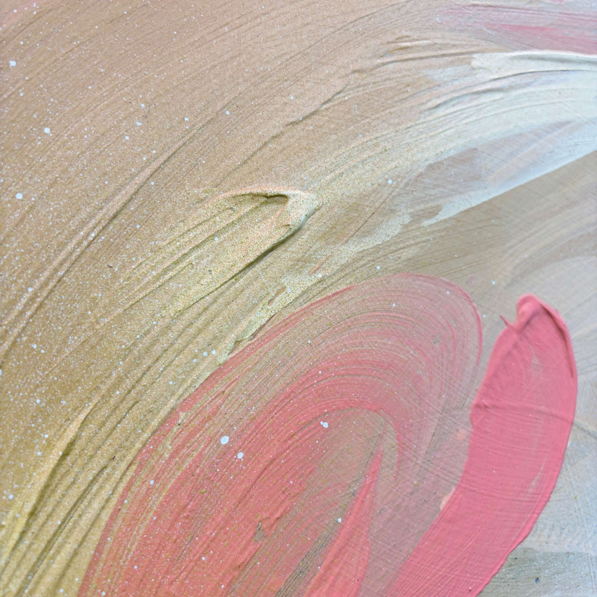 Hold On Change Is Coming“ by Kate Mayer: gold, pink & beige acrylic on plywood, in a handmade metal float frame.