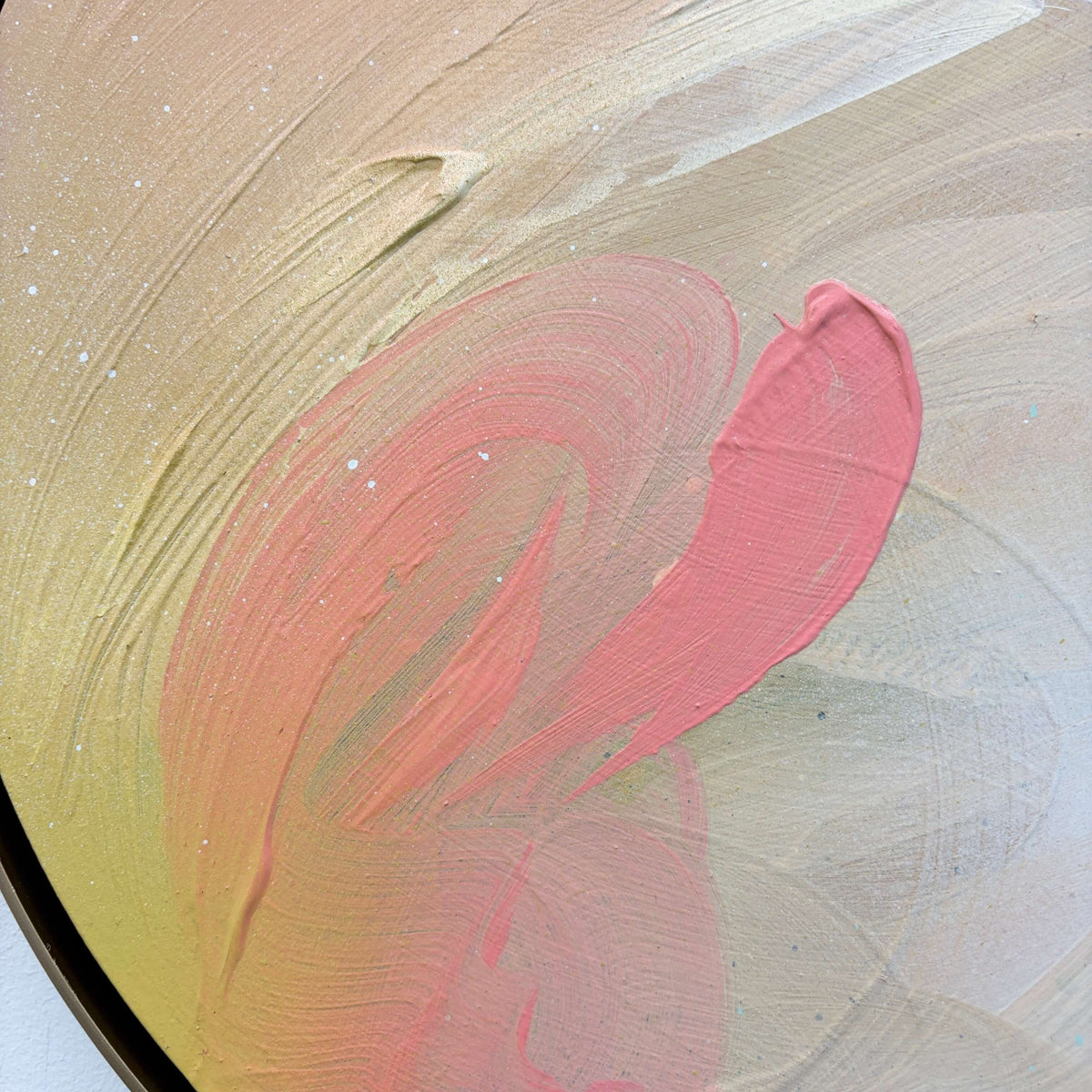 Hold On Change Is Coming by Kate Mayer: abstract pink, yellow, beige swirl on round acrylic in handmade metal float frame.