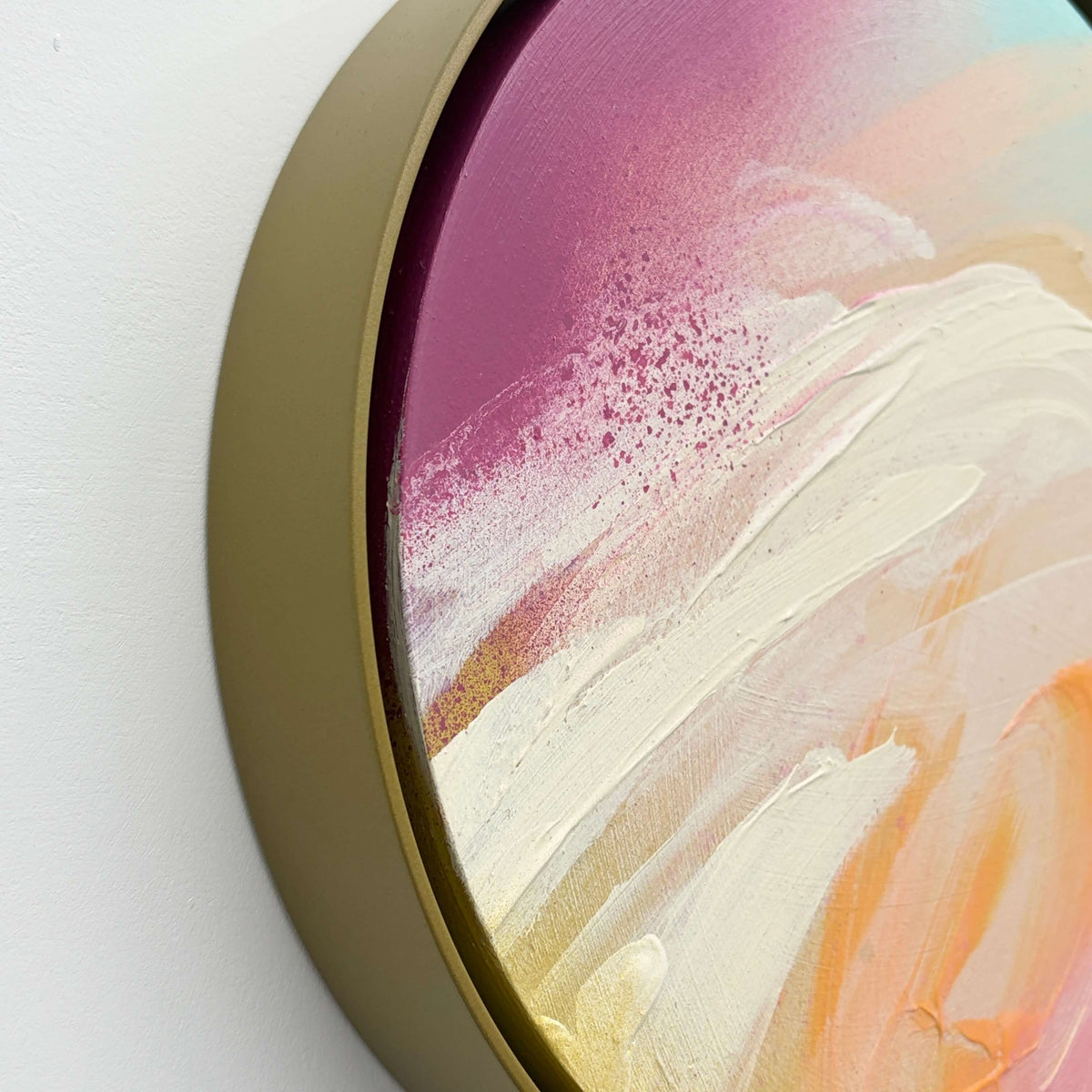 Close-up of “I Smile” by Kate Mayer: abstract acrylic on plywood, framed with thick olive handmade metal.