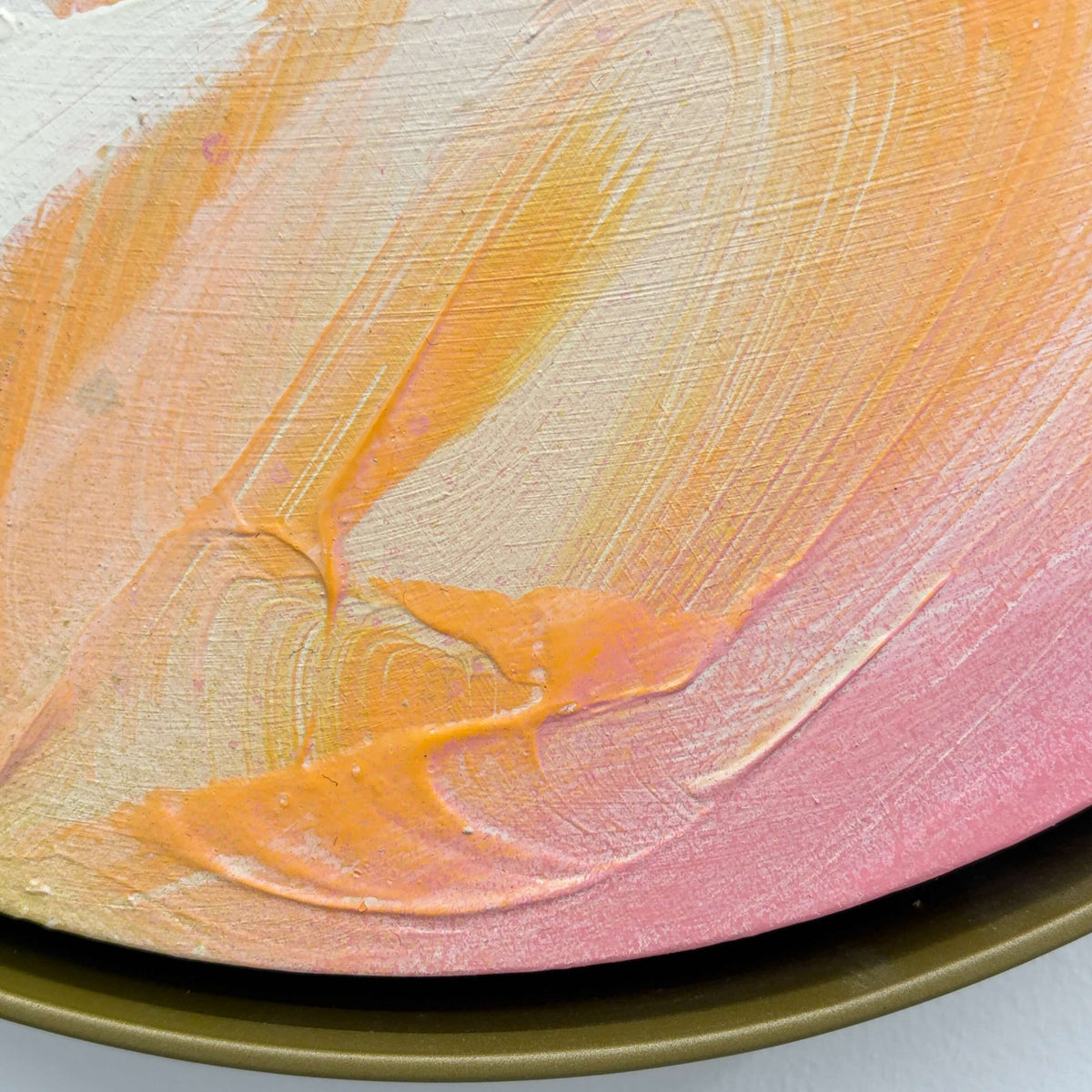 I Smile“ by Kate Mayer: Pink, peach & white acrylic on plywood, vibrant brushwork in a handmade metal float frame.