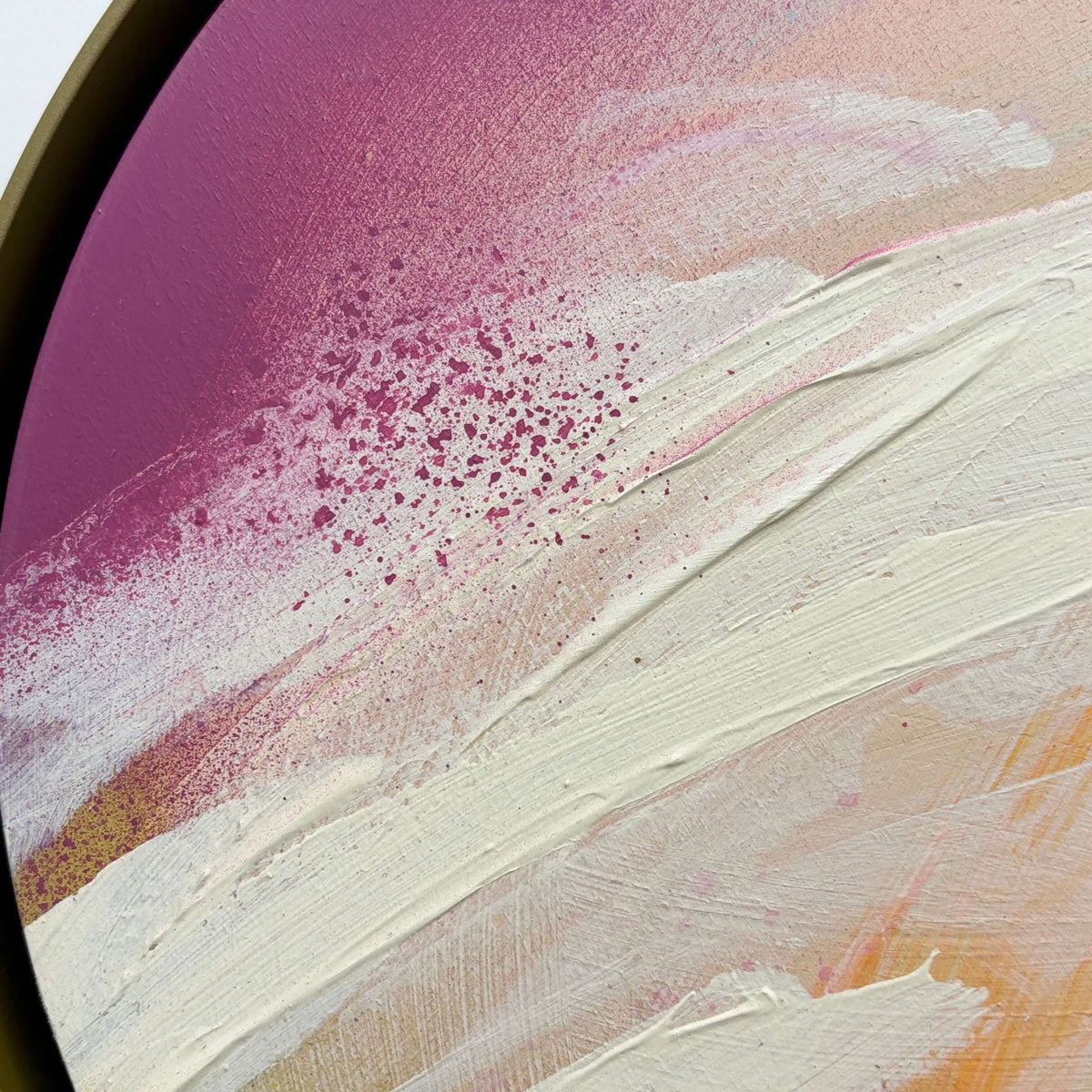 I Smile“ by Kate Mayer: acrylic abstract on circular plywood, textured strokes, handmade metal float frame.