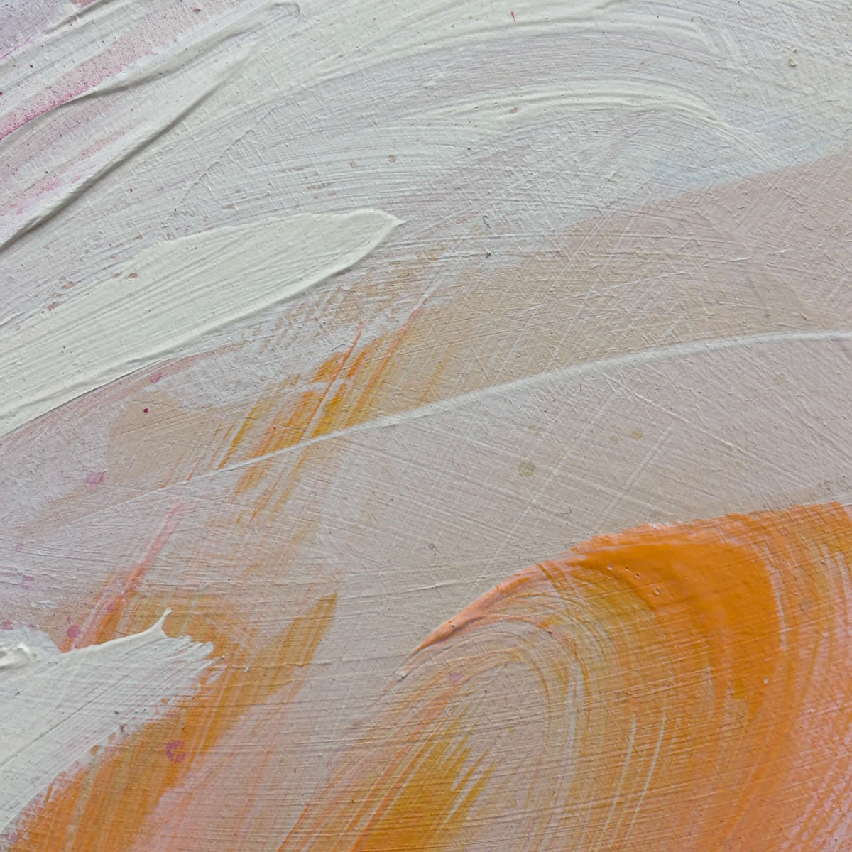 I Smile“ by Kate Mayer features white, peach, and orange acrylic on plywood in a handmade metal float frame.