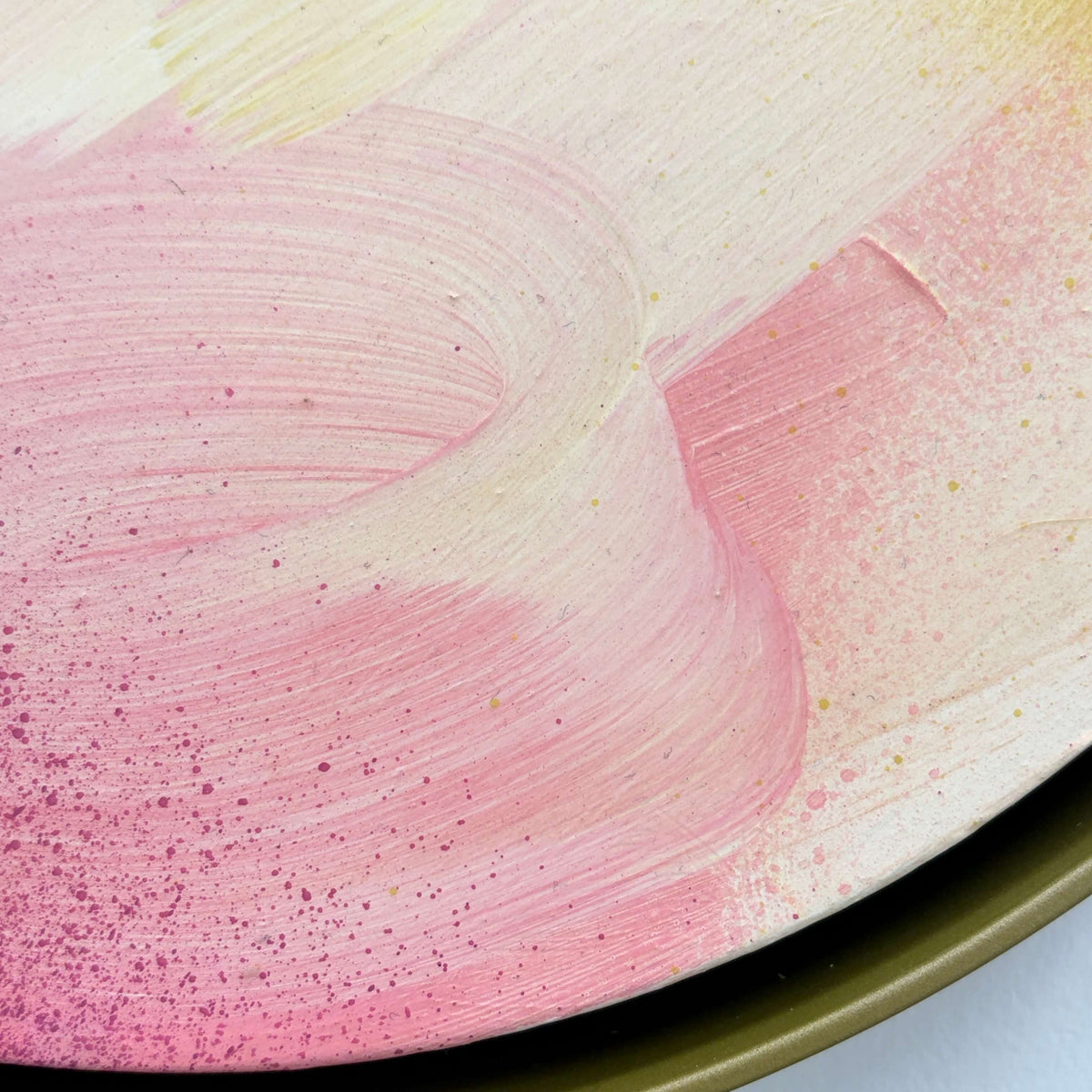 Lovely Day by Kate Mayer: Abstract painting in pink, white, yellow acrylic on plywood with gold edging.
