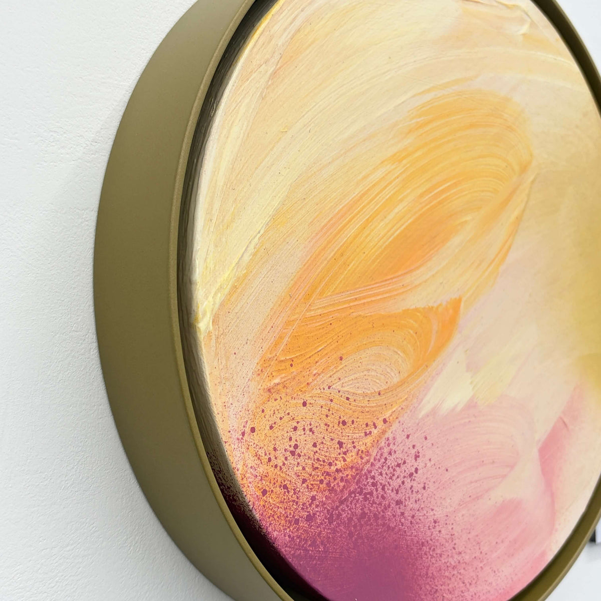 Lovely Day by Kate Mayer: Abstract art in a handmade metal float frame with yellow, orange & pink splattered brushstrokes.