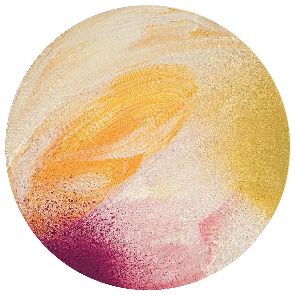 Lovely Day“ by Kate Mayer: Circular abstract acrylic with yellow, orange, pink & magenta swirls on plywood panel.
