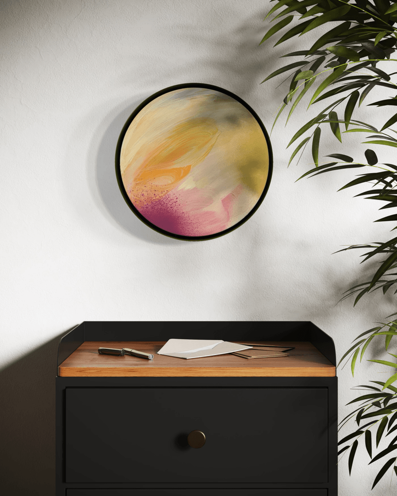 Lovely Day“ by Kate Mayer: Acrylic on plywood, float-mounted in metal above a black drawer and plant.